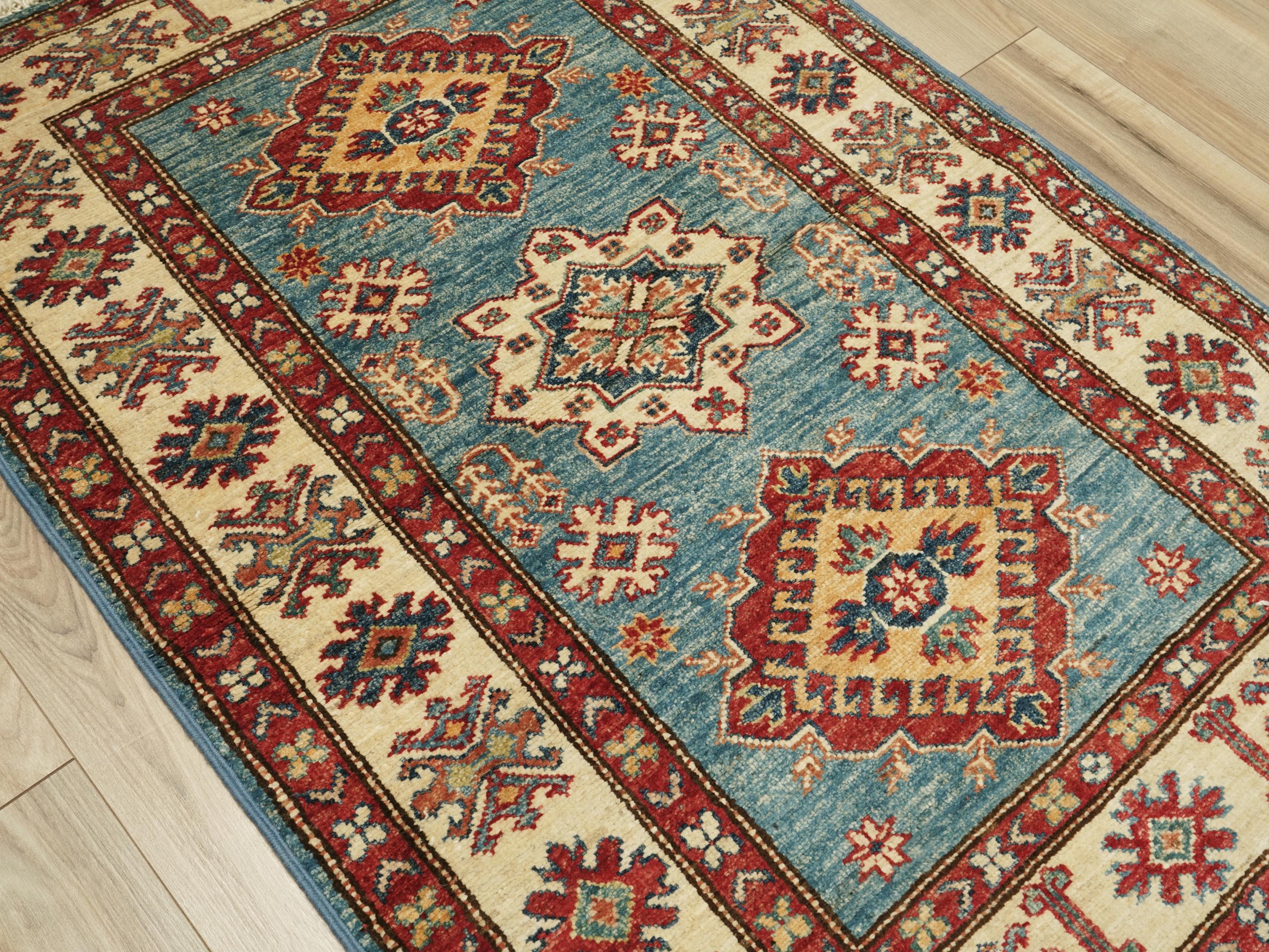 3x4 Ft Light Blue Kazak Rug - Handmade Afghan Area Rug
