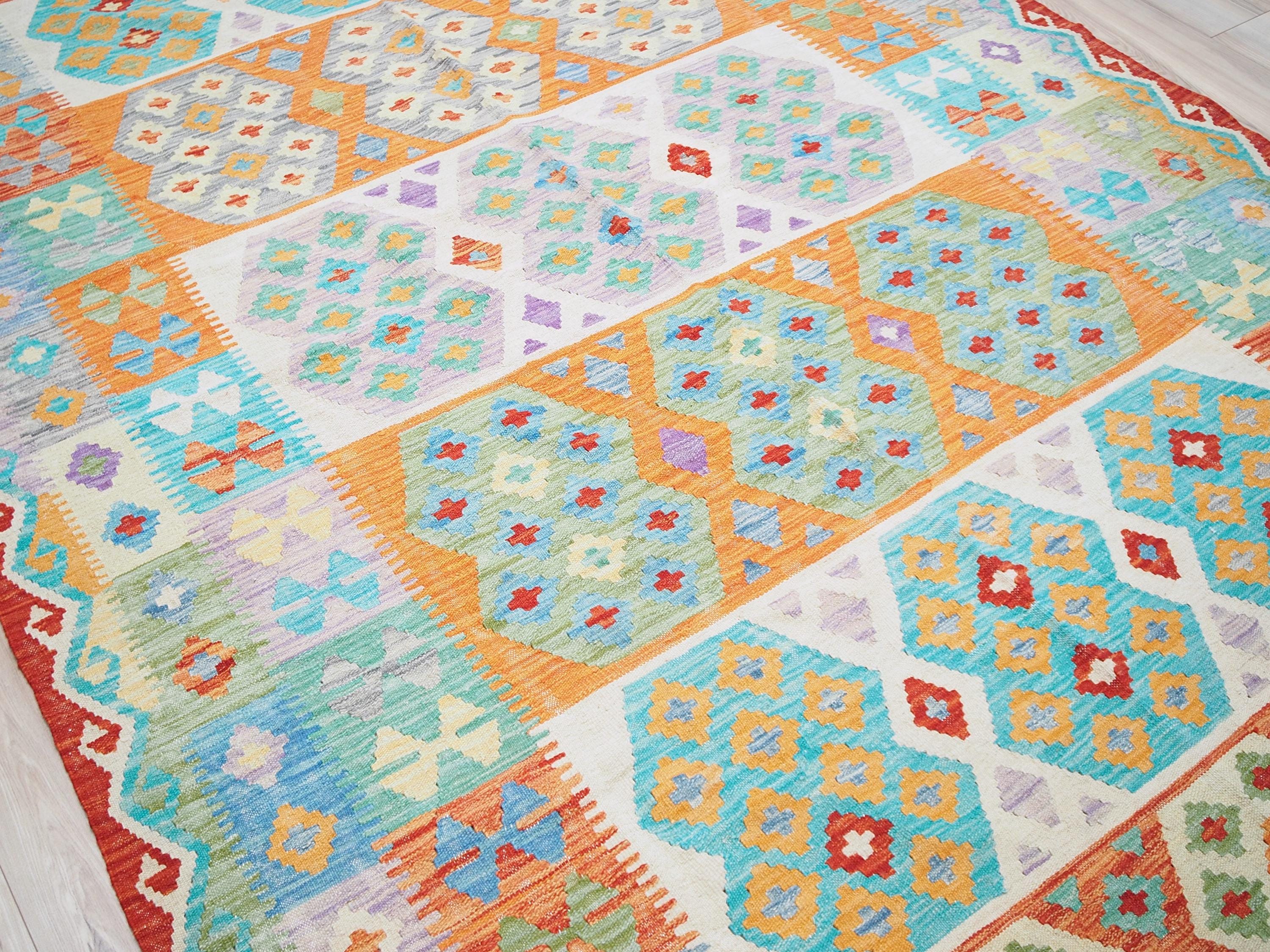 7x10 Ft Orange & Green Kilim Rug - Afghan Tribal Flat Weave