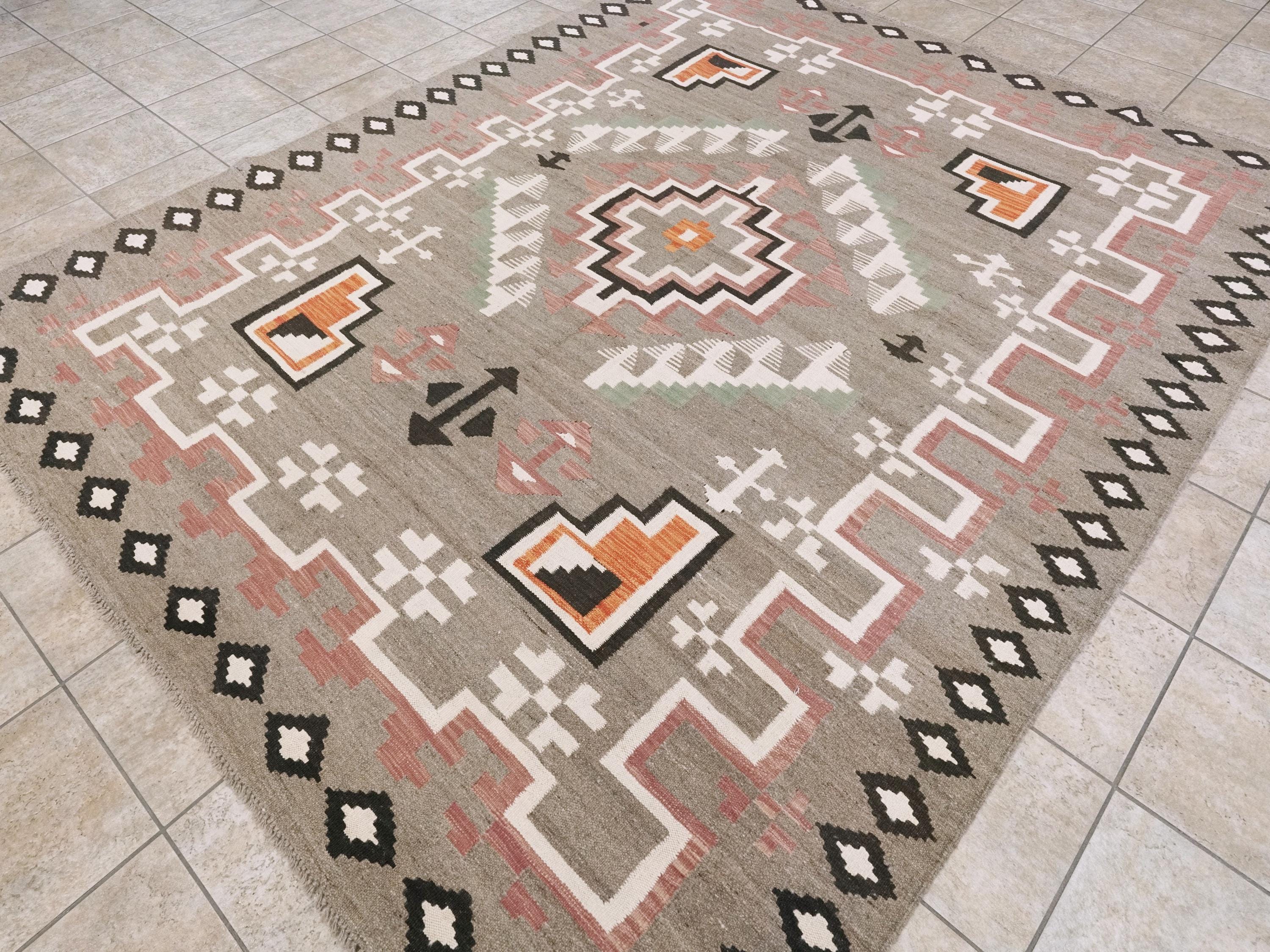 8x10 Ft Red & Green Navajo Rug - Flat Weave Tribal Rug