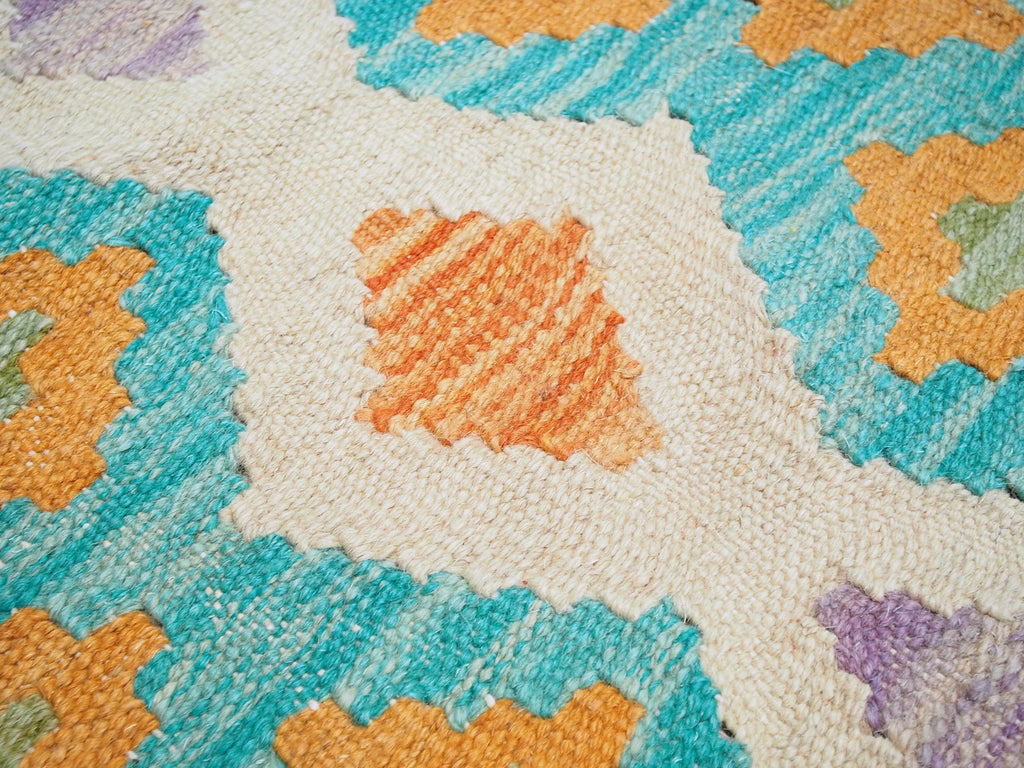 7x10 Ft Orange & Green Kilim Rug - Afghan Tribal Flat Weave