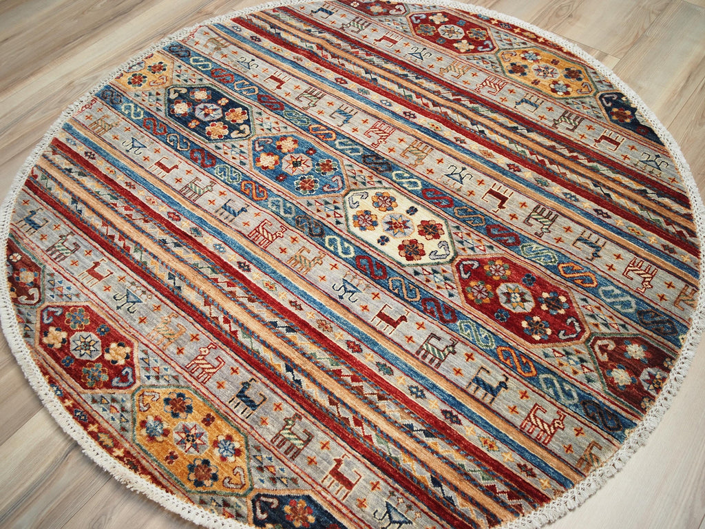 5x5 Ft Gray Khorjin Rug - Round Oriental Wool Rug