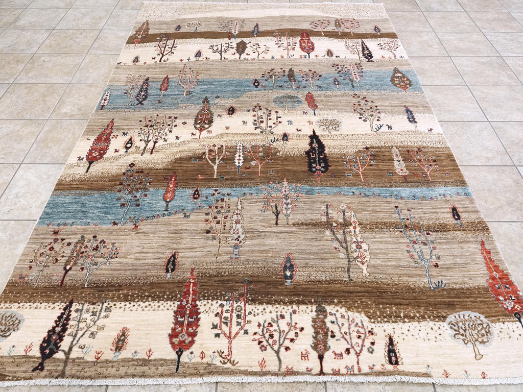 6x9 Ft Beige Landscape Rug - Hand Knotted Oriental Rug
