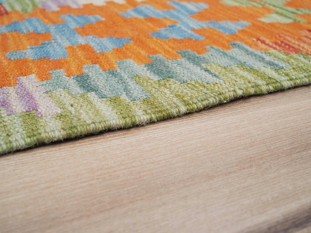 5x7 Ft Orange & Blue Kilim Rug - Handwoven Afghan Flat Weave