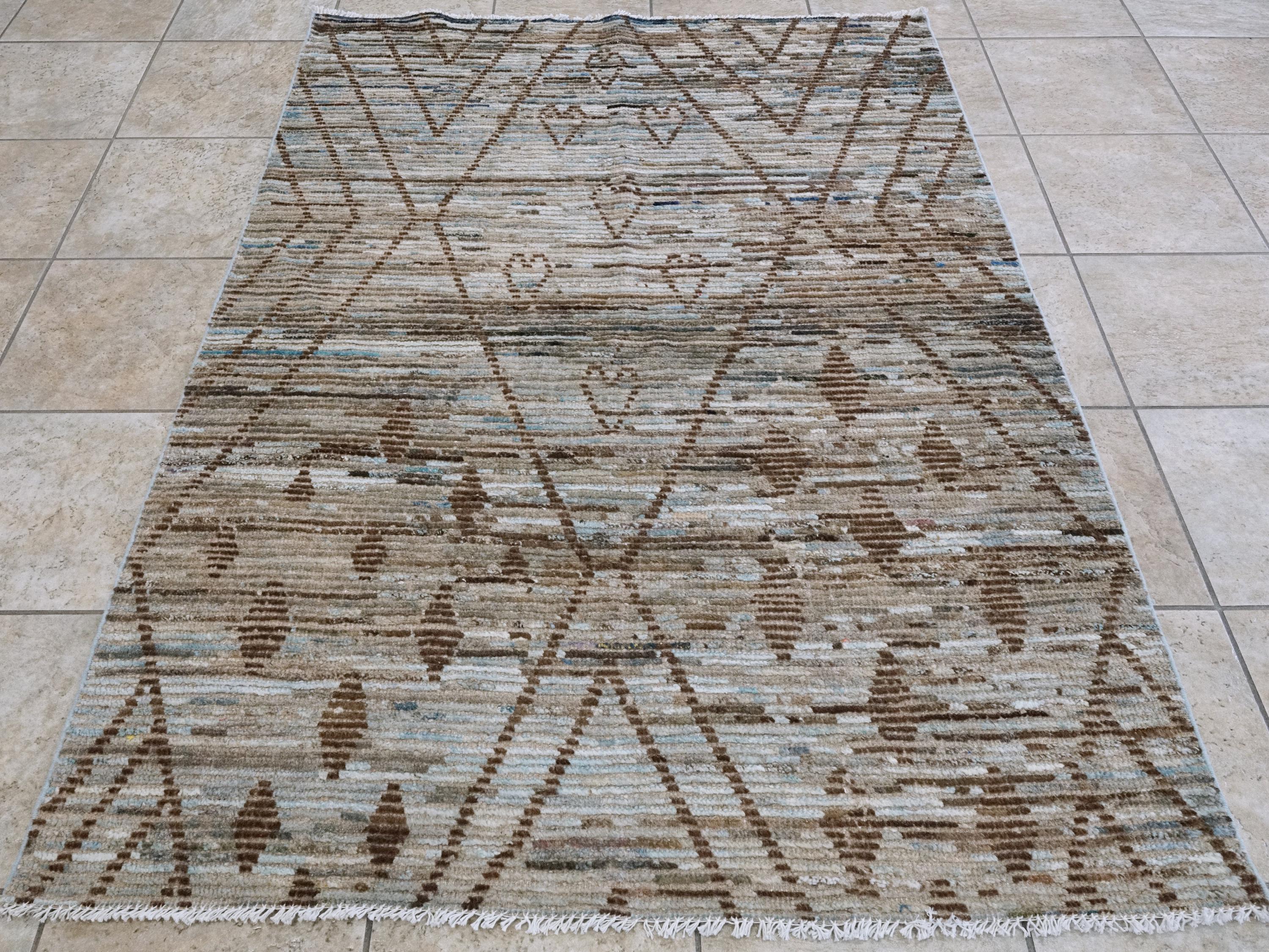 4x6 Ft Blue & Brown Moroccan Rug - Hand Knotted Wool Area Rug