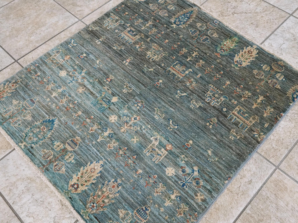 3x3 Ft Cyan Serapi Rug - Hand Knotted Wool Oriental Rug - Floral Design