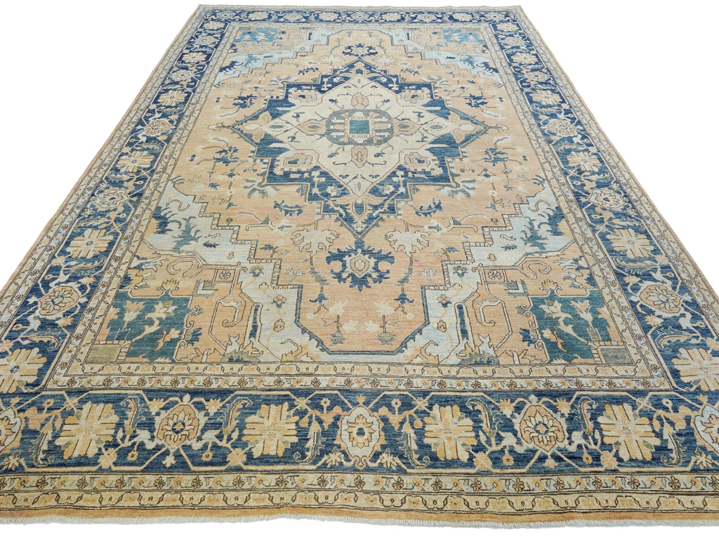 10x14 Ft Blue & Orange Heriz Rug - Hand Knotted Antique Rug