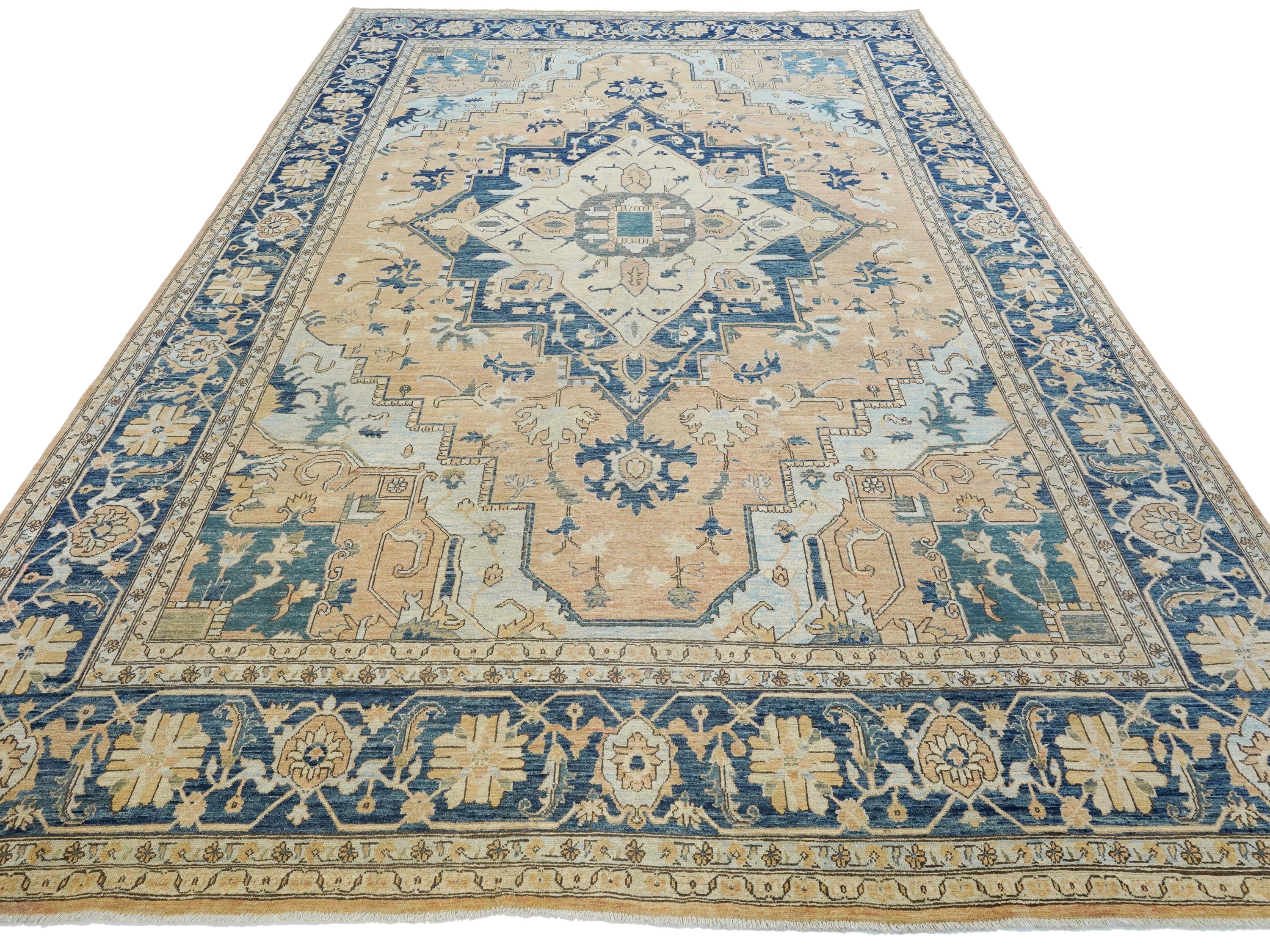 10x14 Ft Blue & Orange Heriz Rug - Hand Knotted Antique Rug