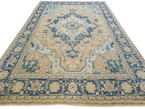 10x14 Ft Blue & Orange Heriz Rug - Hand Knotted Antique Rug