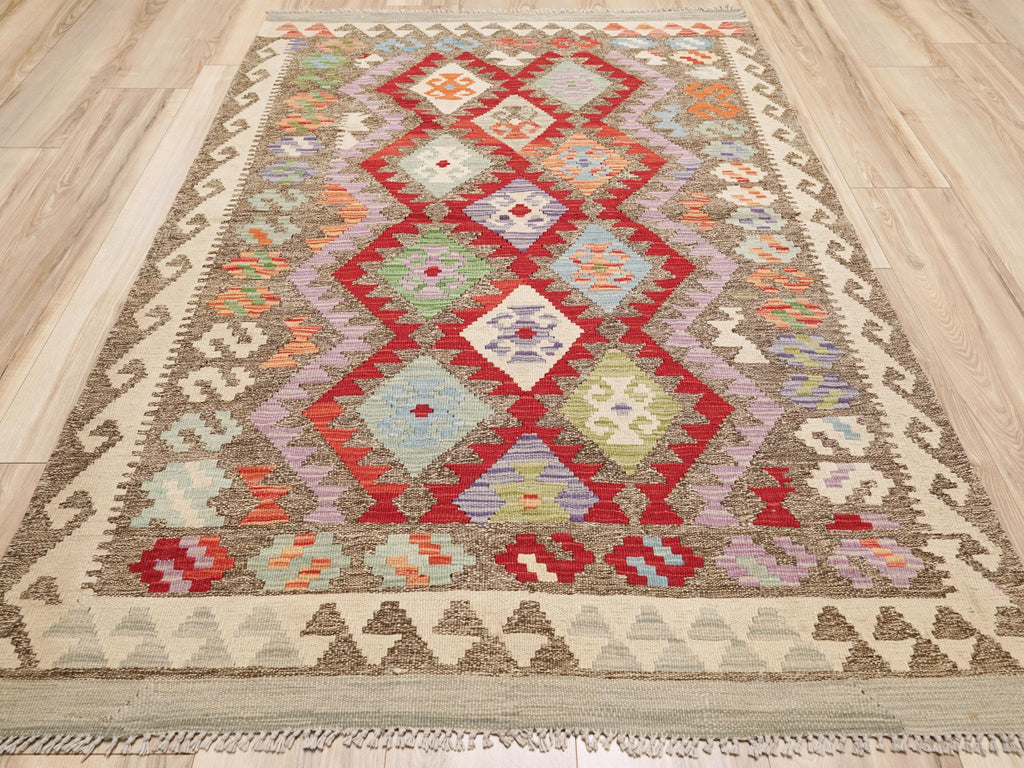 4x6 Ft Red Maimana Kilim Rug - Handwoven Afghan Flat Weave