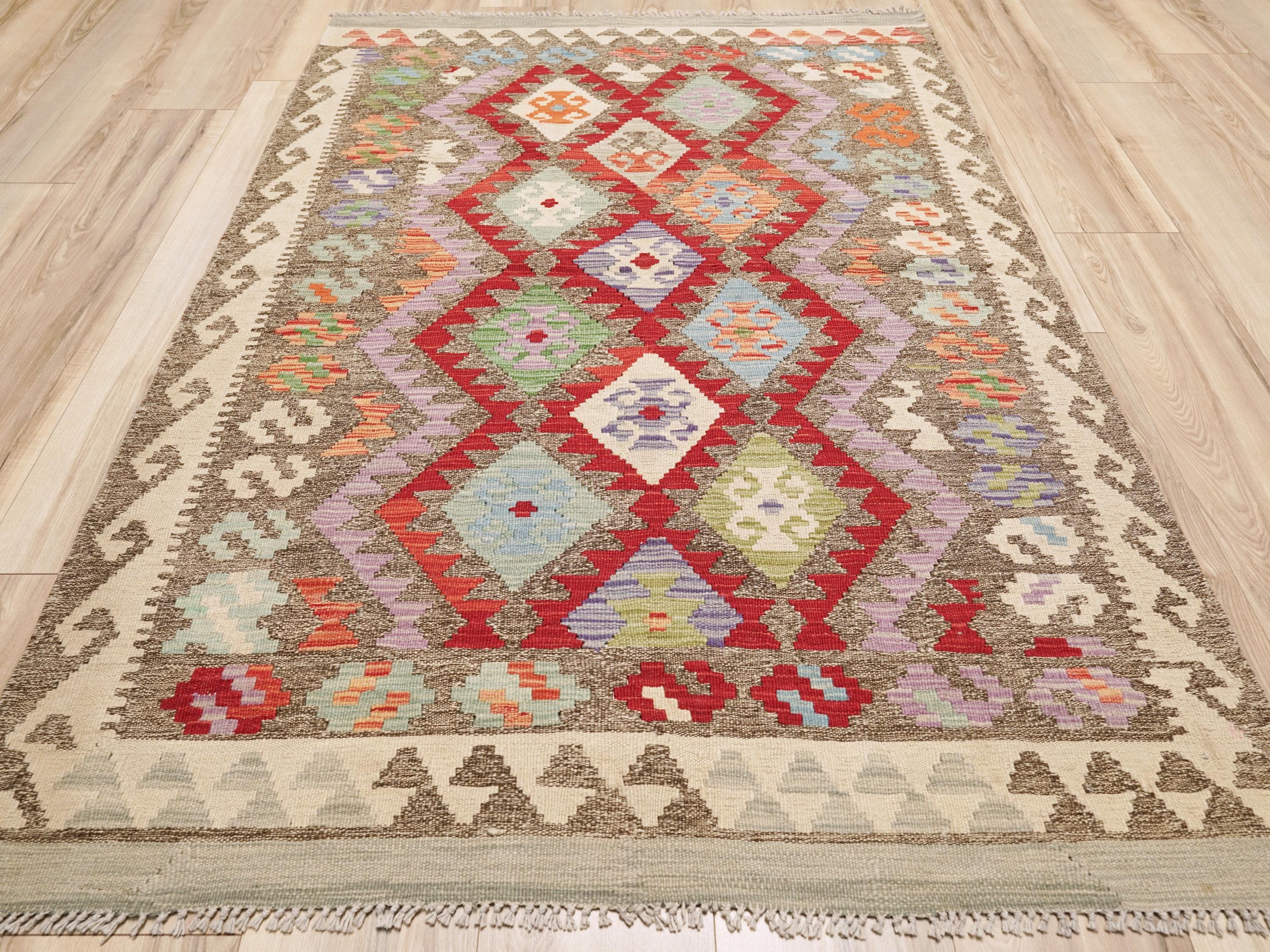 4x6 Ft Red Maimana Kilim Rug - Handwoven Afghan Flat Weave