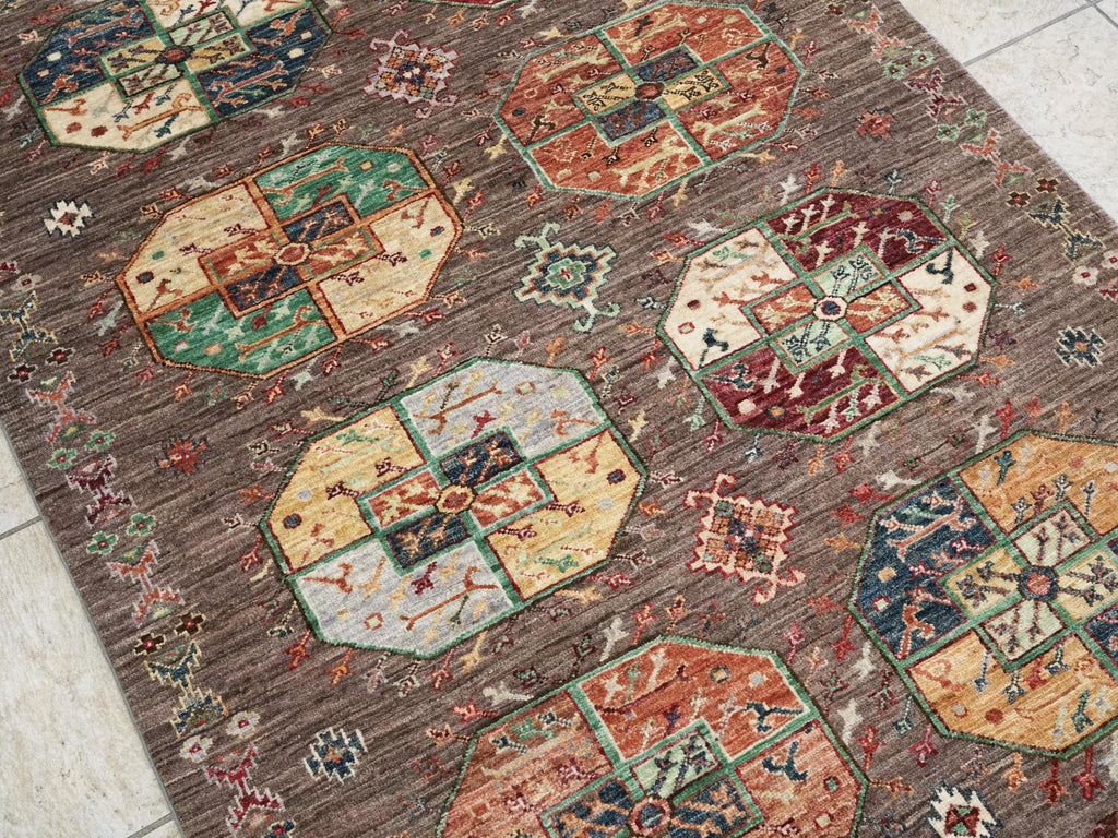 4x5 Ft Brown Ersari Rug - Hand Knotted Oriental Rug - Turkmen Design