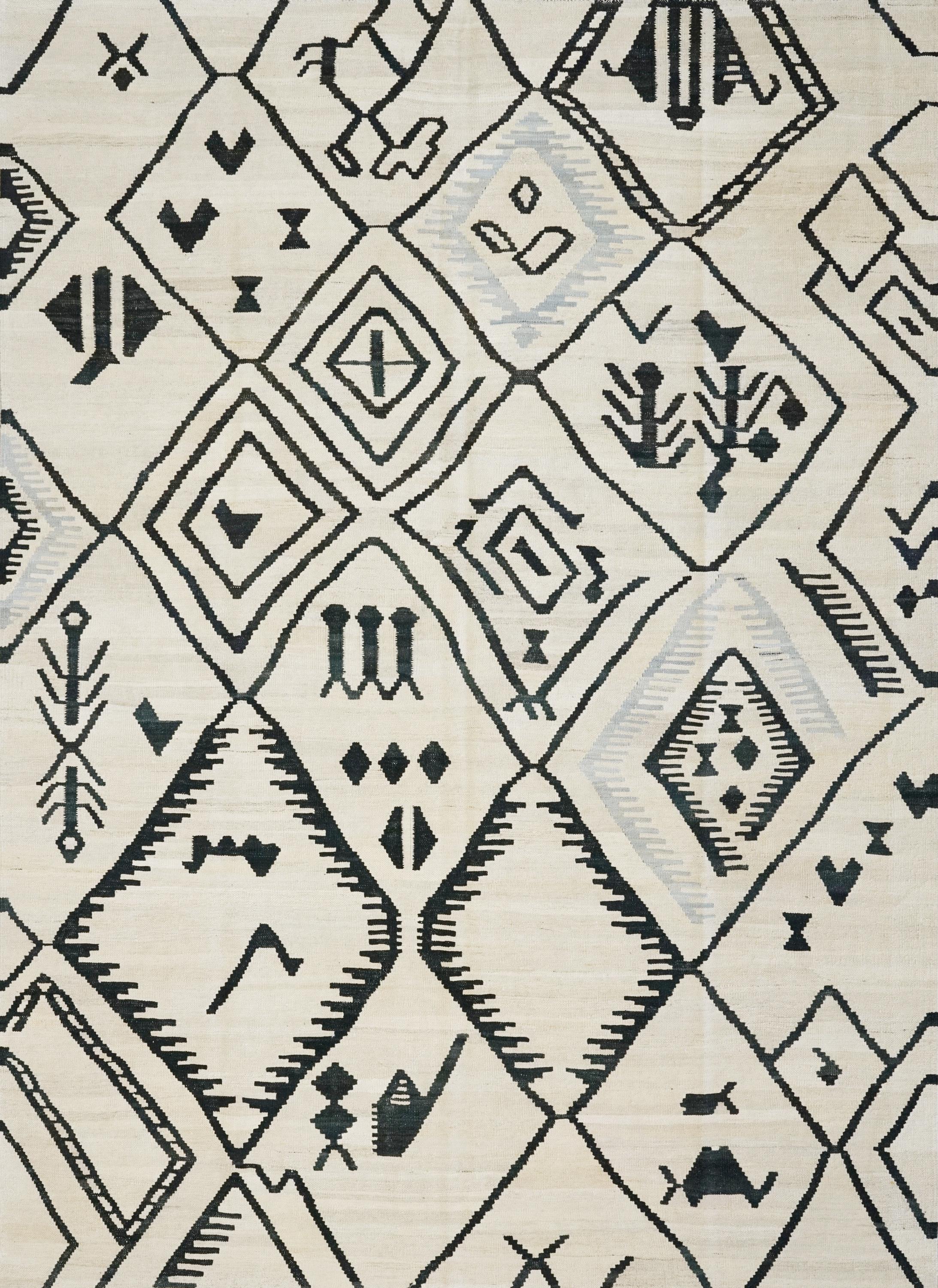 7x10 Ft Black & Beige Kilim Rug - Handwoven Afghan Flatweave