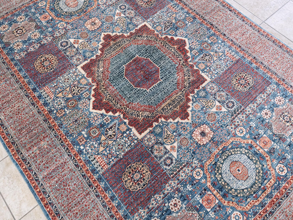 6x9 Ft Blue Mamluk Rug - Hand Knotted Afghan Wool Rug - Geometric Design