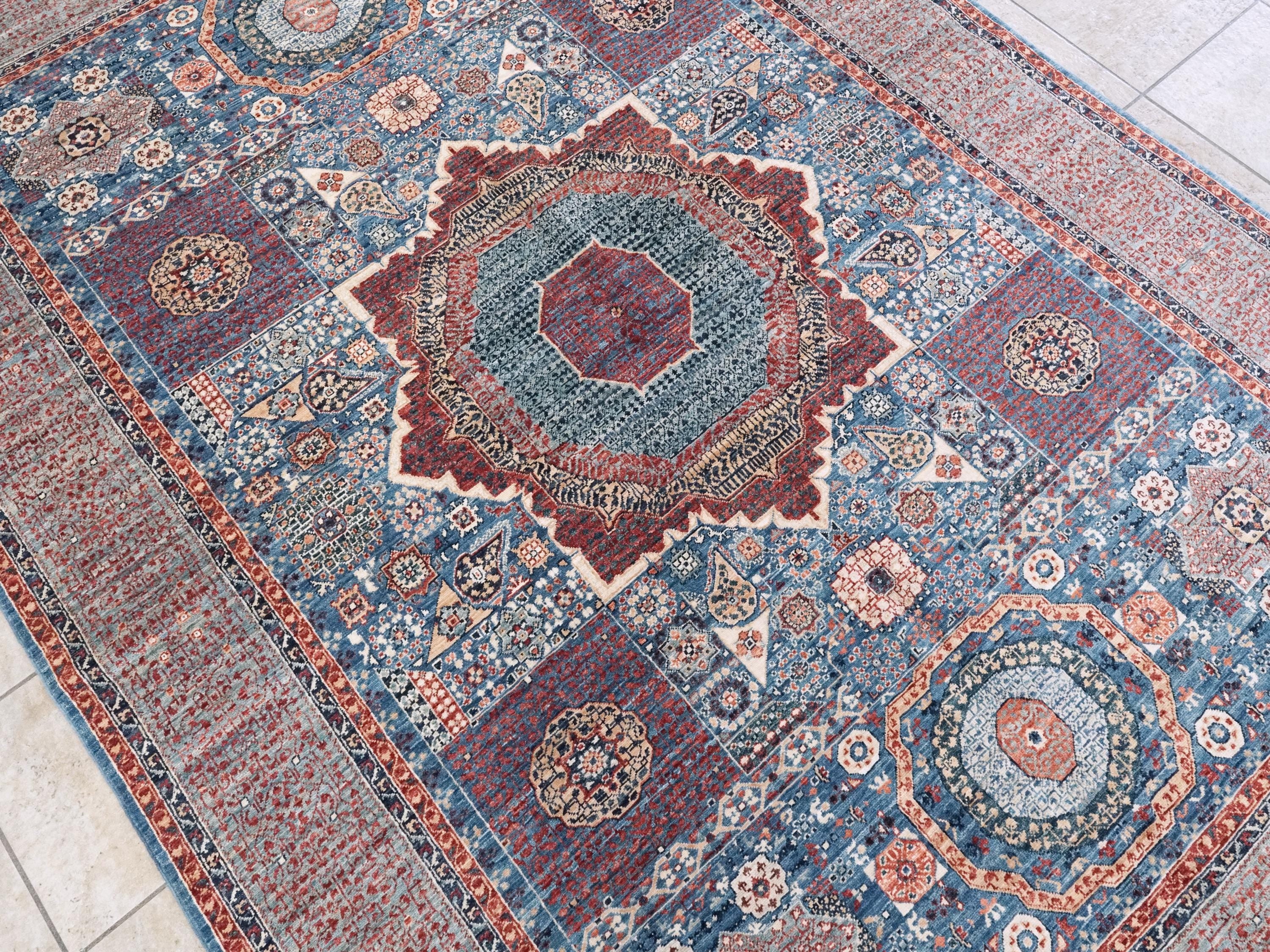 6x9 Ft Blue Mamluk Rug - Hand Knotted Afghan Wool Rug - Geometric Design
