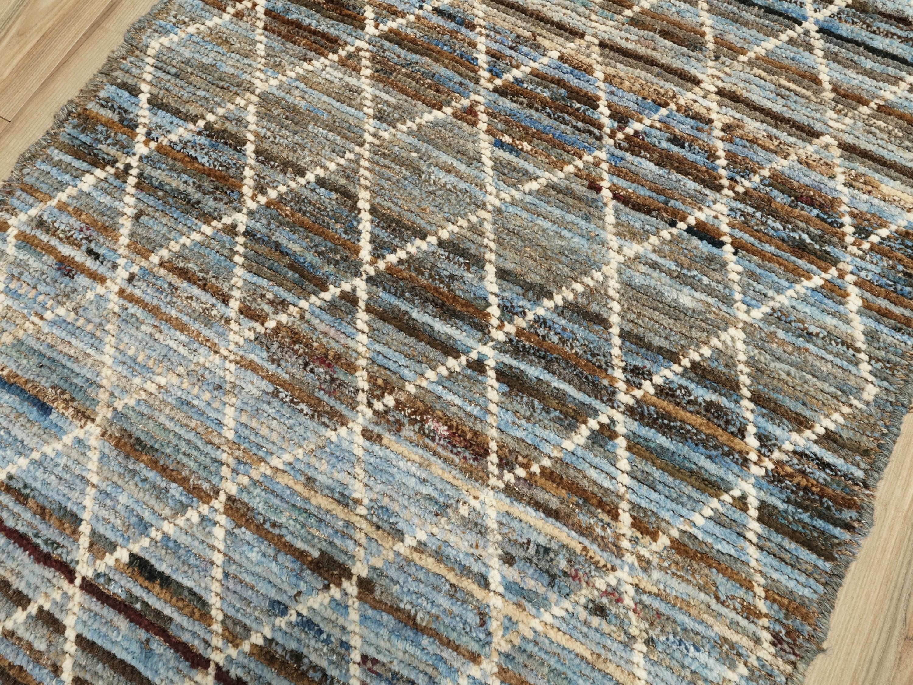 19 Ft Blue Moroccan Runner Rug - Hand Knotted Afghan Hallway Rug