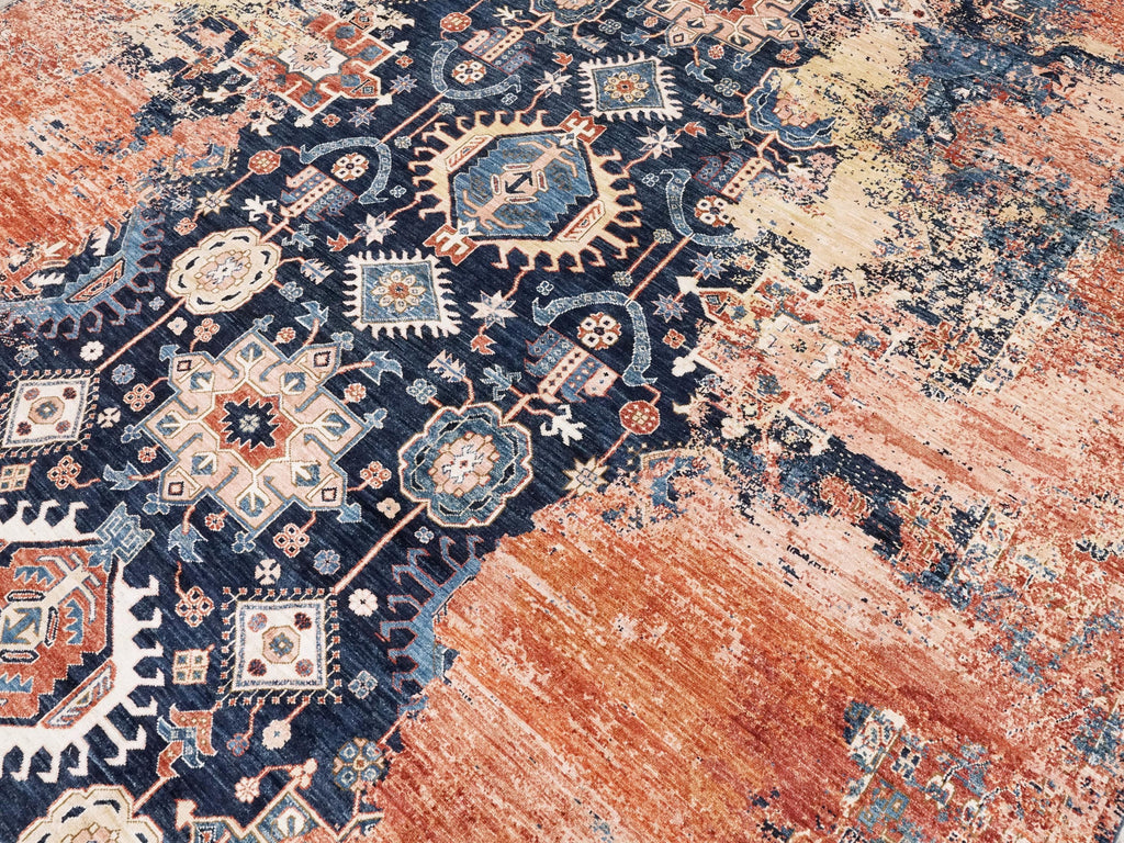 9x12 Ft Red & Blue Heriz Rug - Hand Knotted Transitional Rug