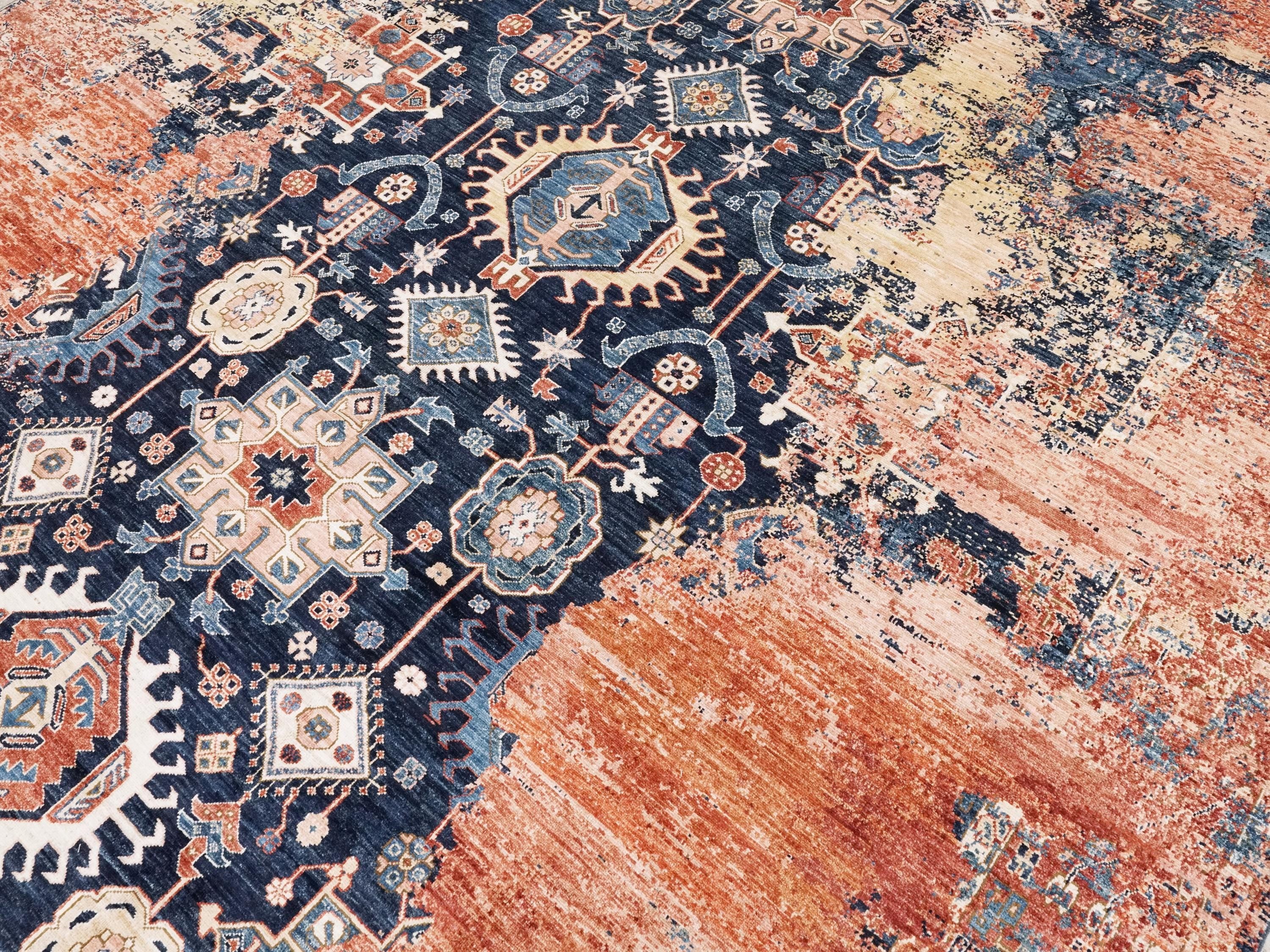 9x12 Ft Red & Blue Heriz Rug - Hand Knotted Transitional Rug