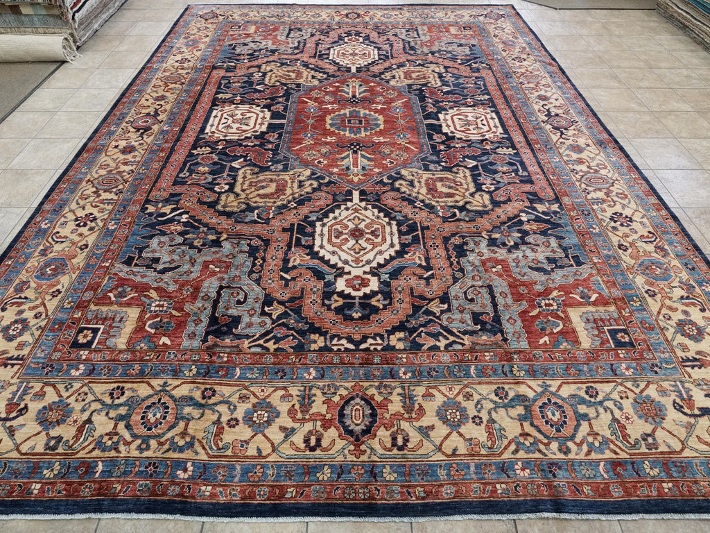 12x15 Ft Hand Knotted Afghan Heriz Rug - Blue & Red Wool Rug