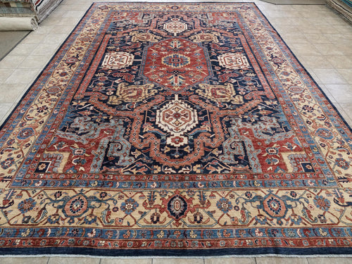 12x15 Ft Hand Knotted Afghan Heriz Rug - Blue & Red Wool Rug