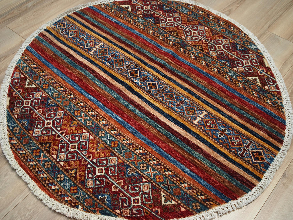 4x4 Ft Red Khorjin Rug - Hand Knotted Ghazni Wool Round Rug