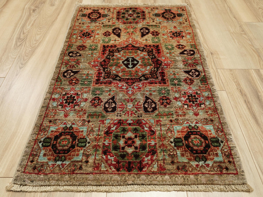 2x3 Ft Hand Knotted Beige Mamluk Rug - Oriental Accent Rug