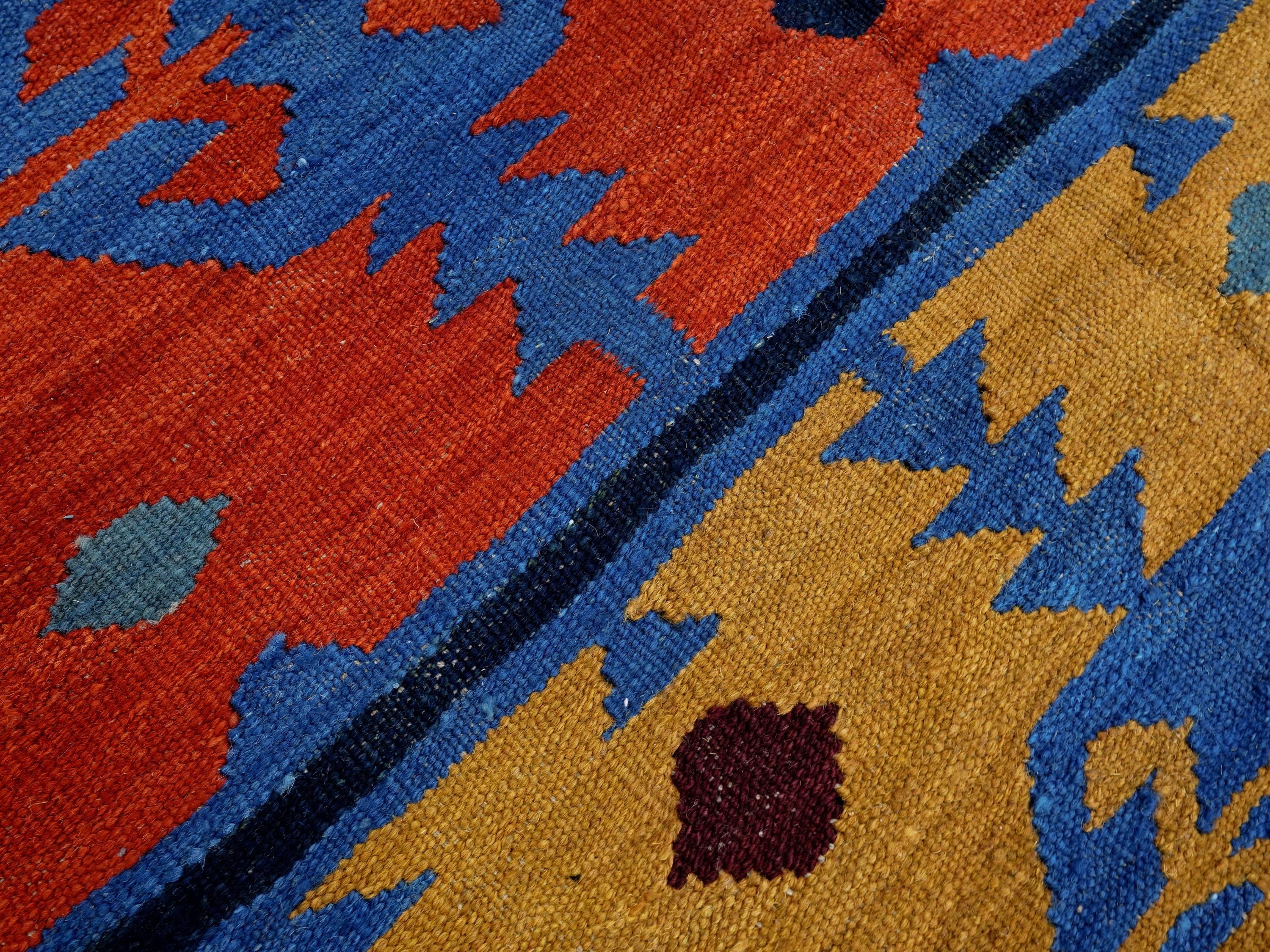6x9 Ft Red & Blue Maimana Kilim Rug - Hand Knotted Wool Tribal Rug