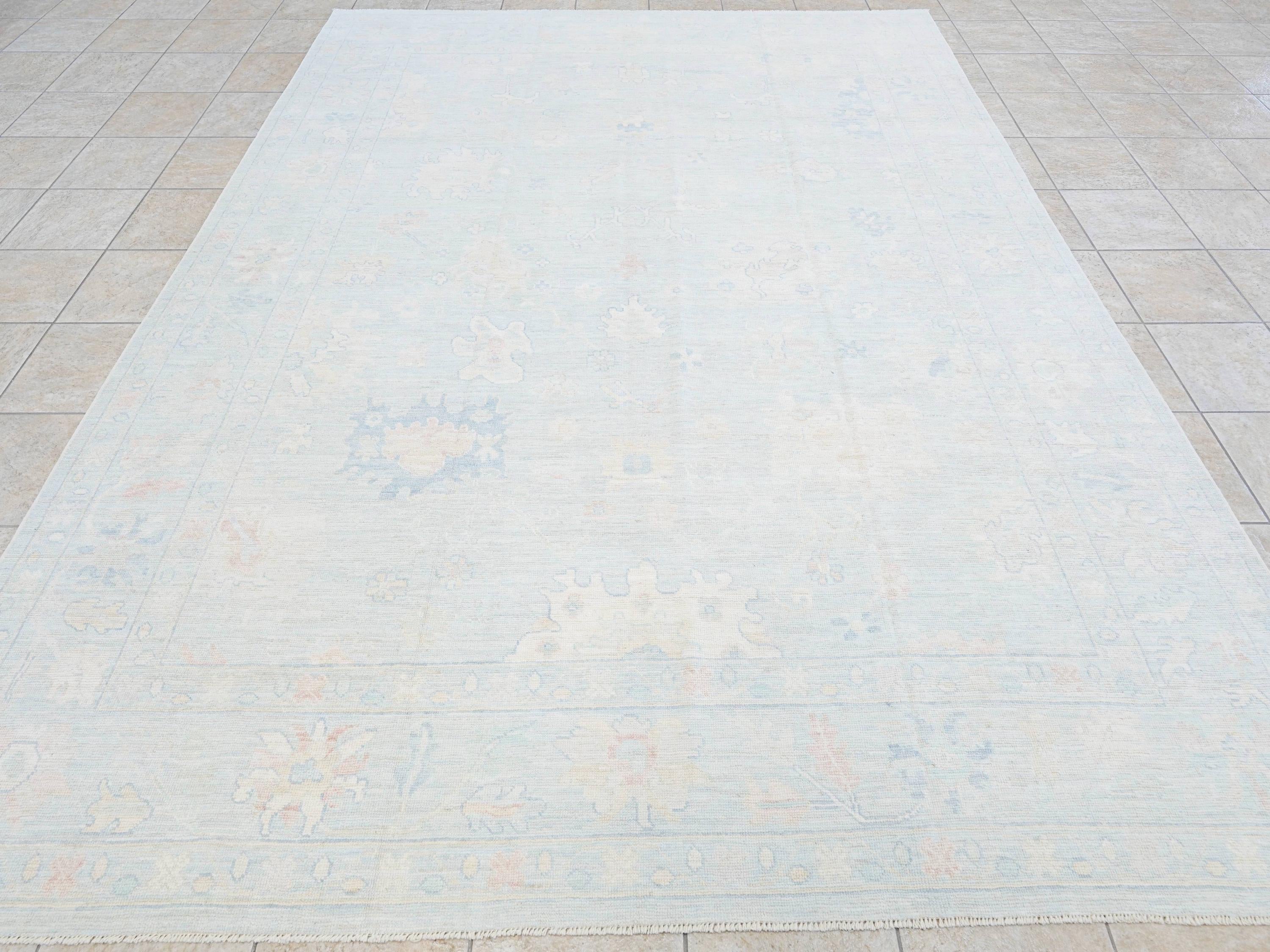 9x12 Ft Light Blue Oushak Rug - Handmade Area Rug - Floral Design