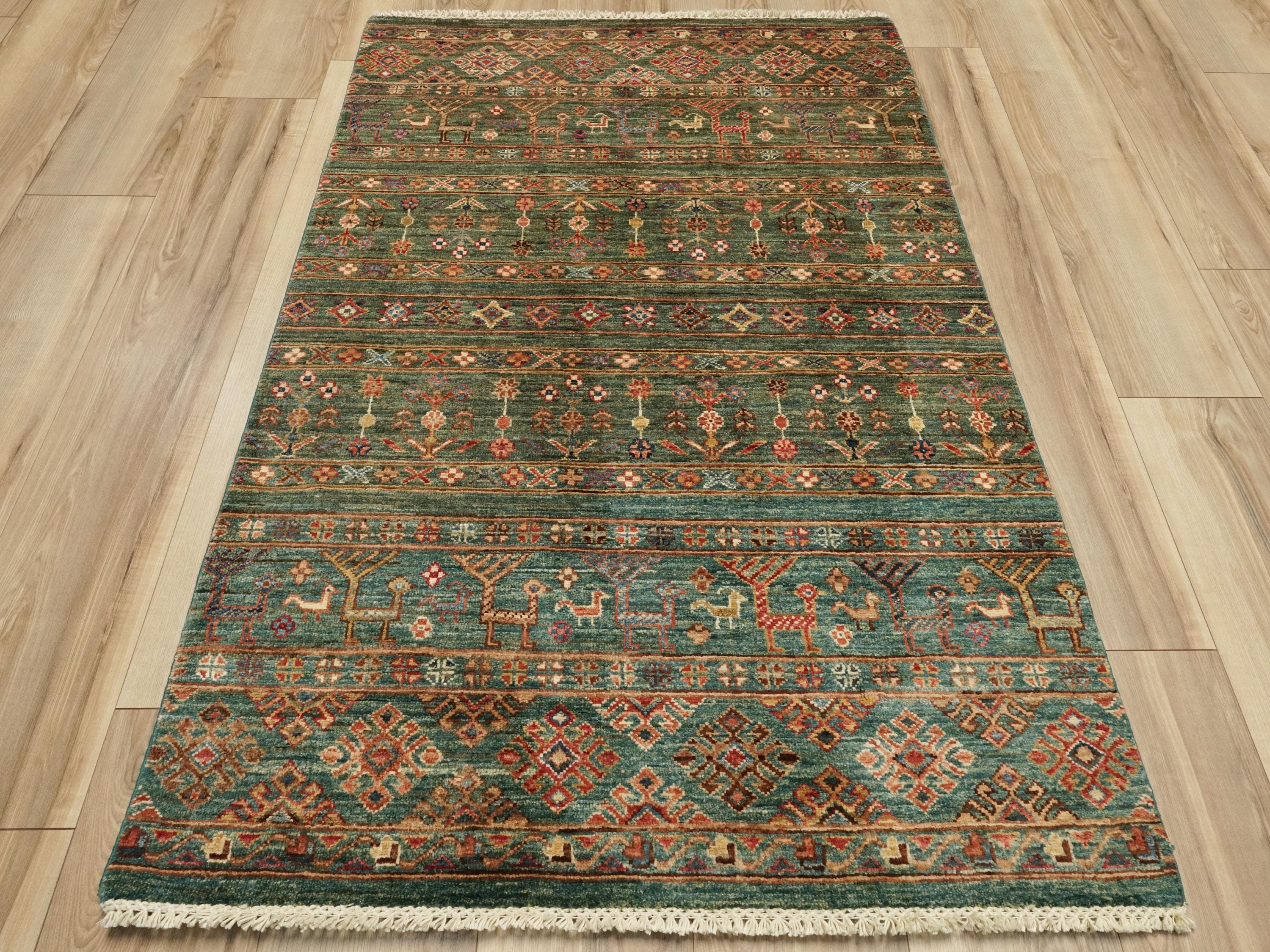 3x5 Ft Green Khorjin Rug - Afghan Wool Area Rug