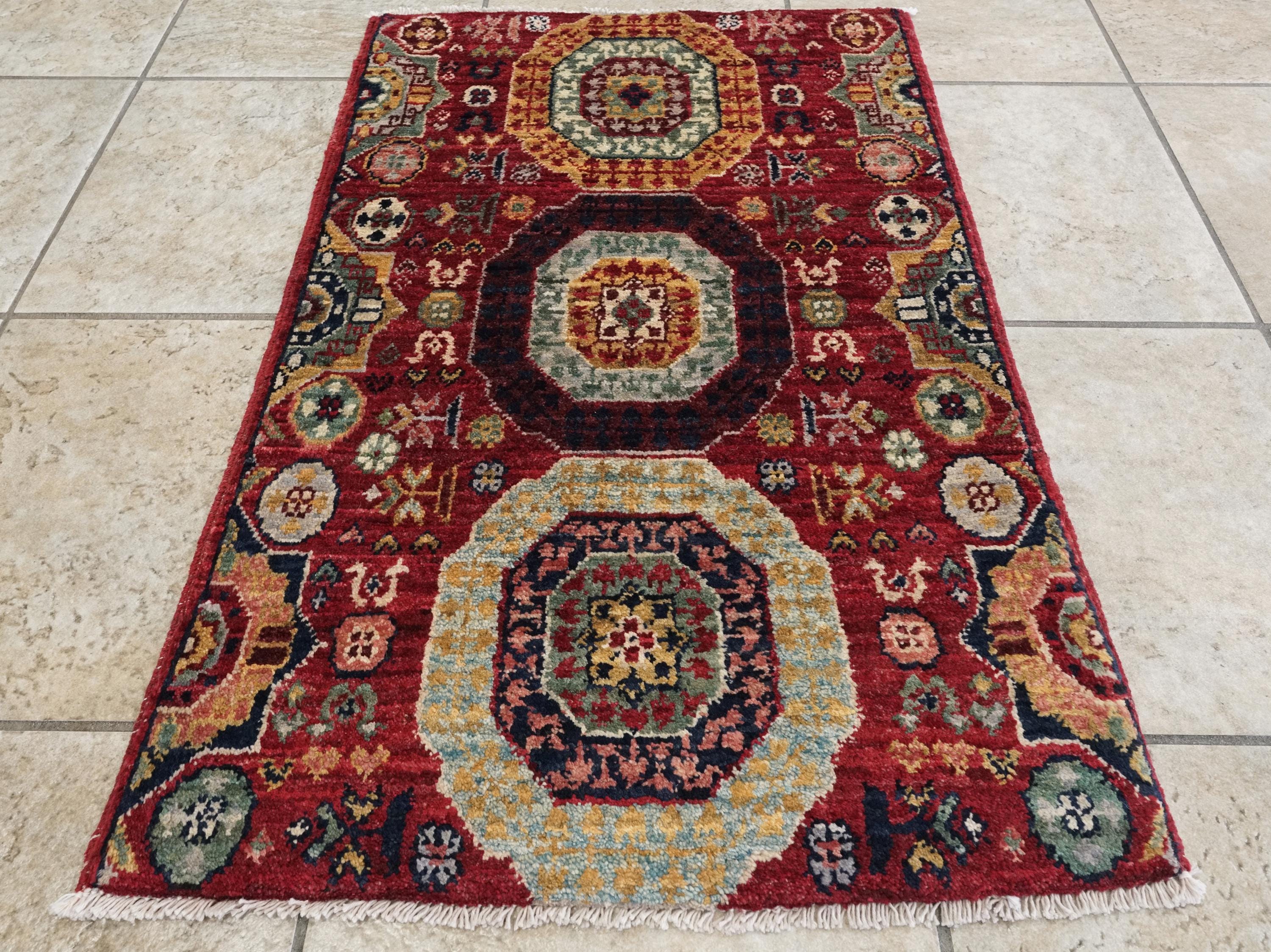2x3 Ft Hand Knotted Red Mamluk Rug - Ghazni Wool Oriental Rug