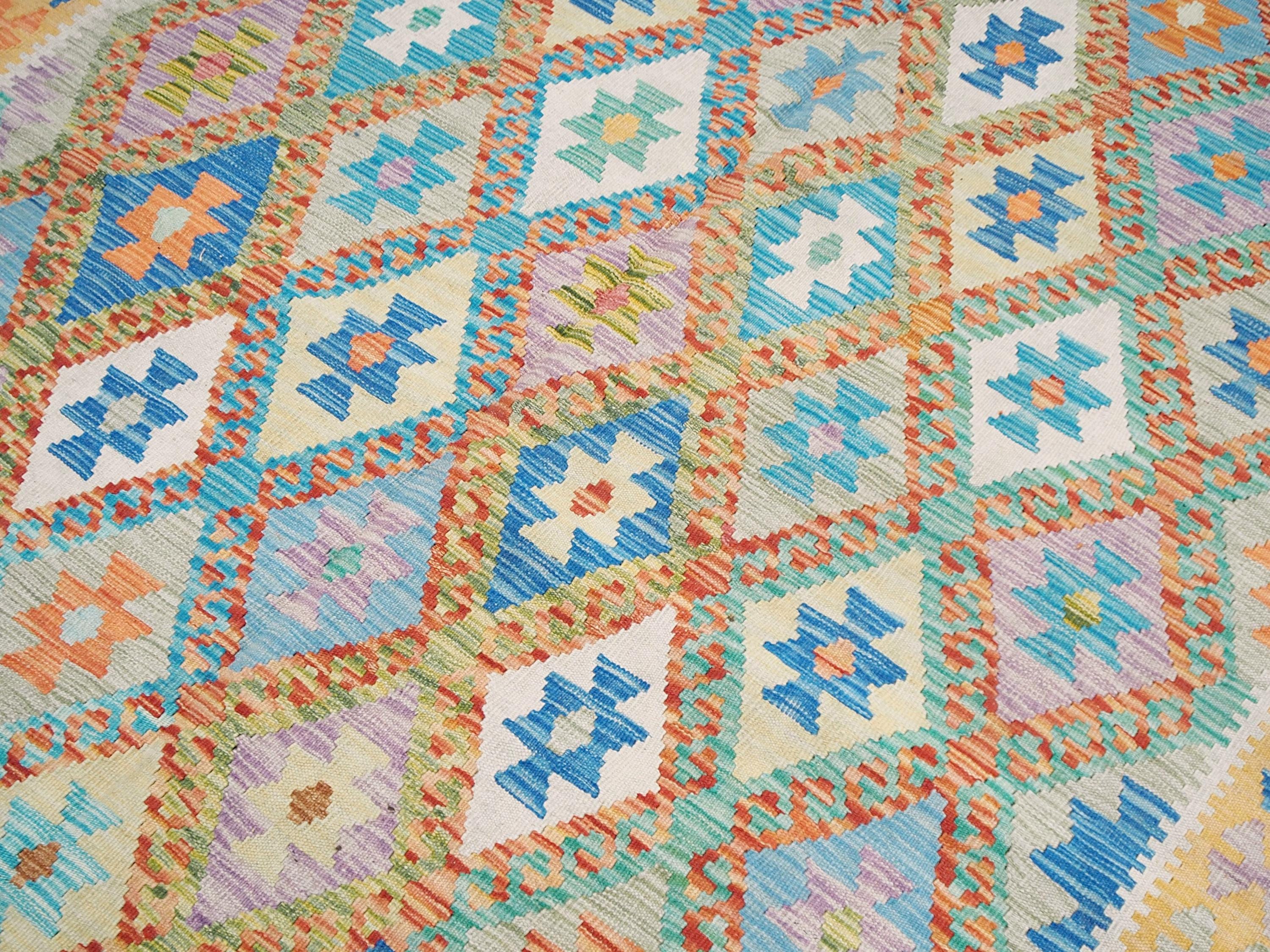 7x10 Ft Maimana Kilim Rug - Green & Blue Flat Weave Tribal Rug