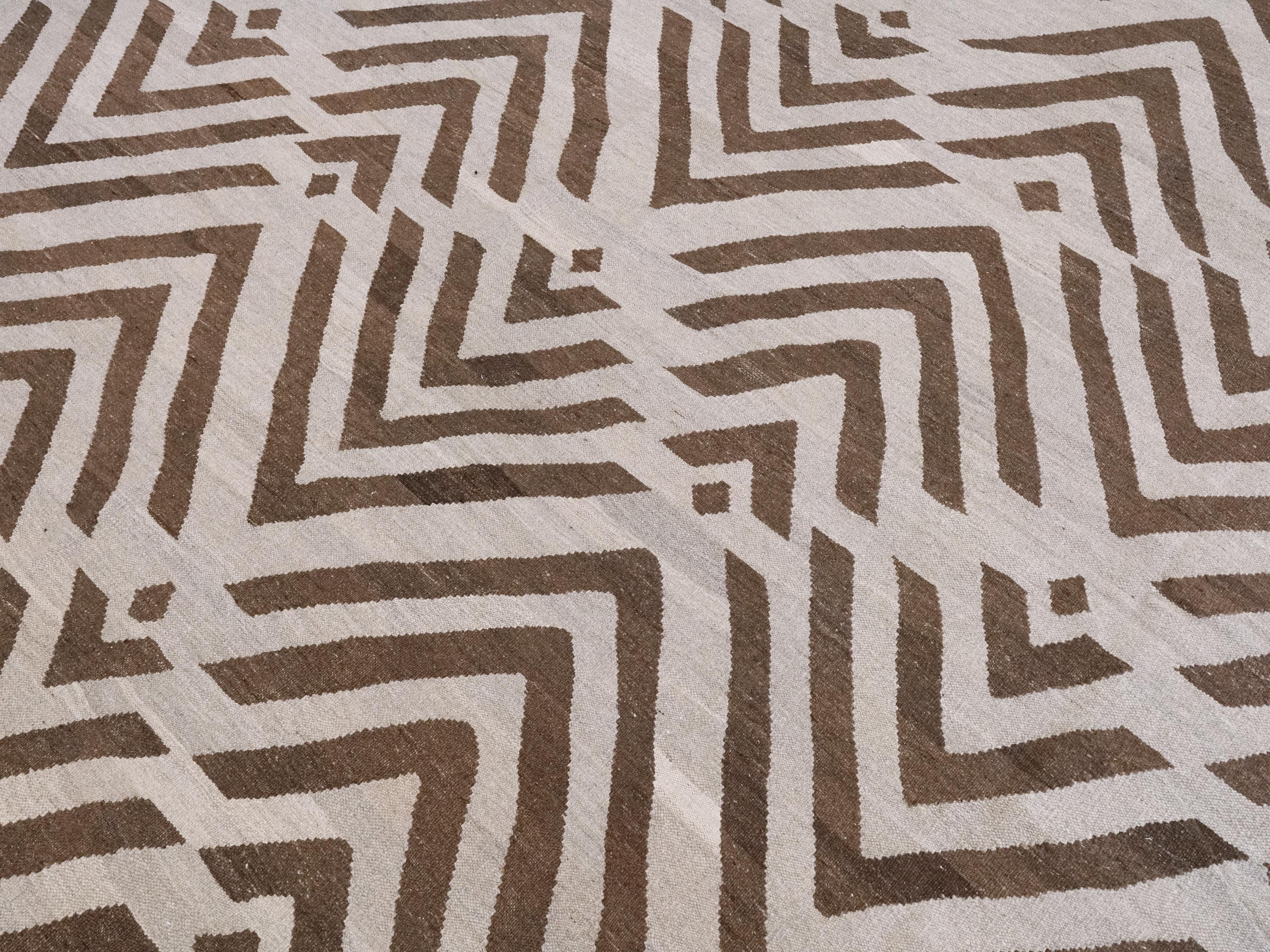 9x10 Ft Brown & Beige Kilim Rug - Flat Weave Area Rug - Abstract Design