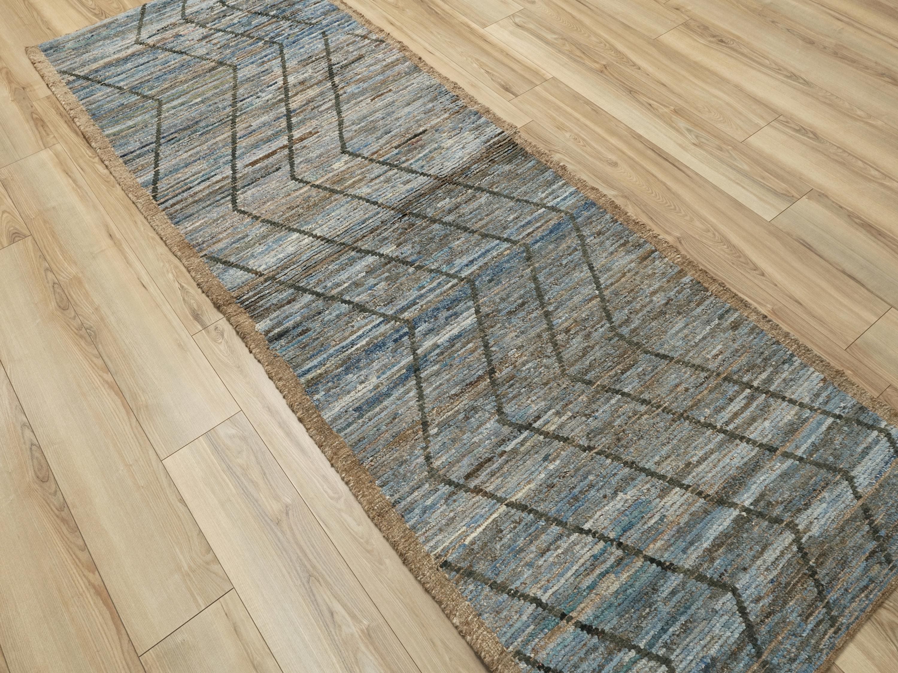 10 Ft Blue Moroccan Runner Rug - Afghan Handmade Wool Rug