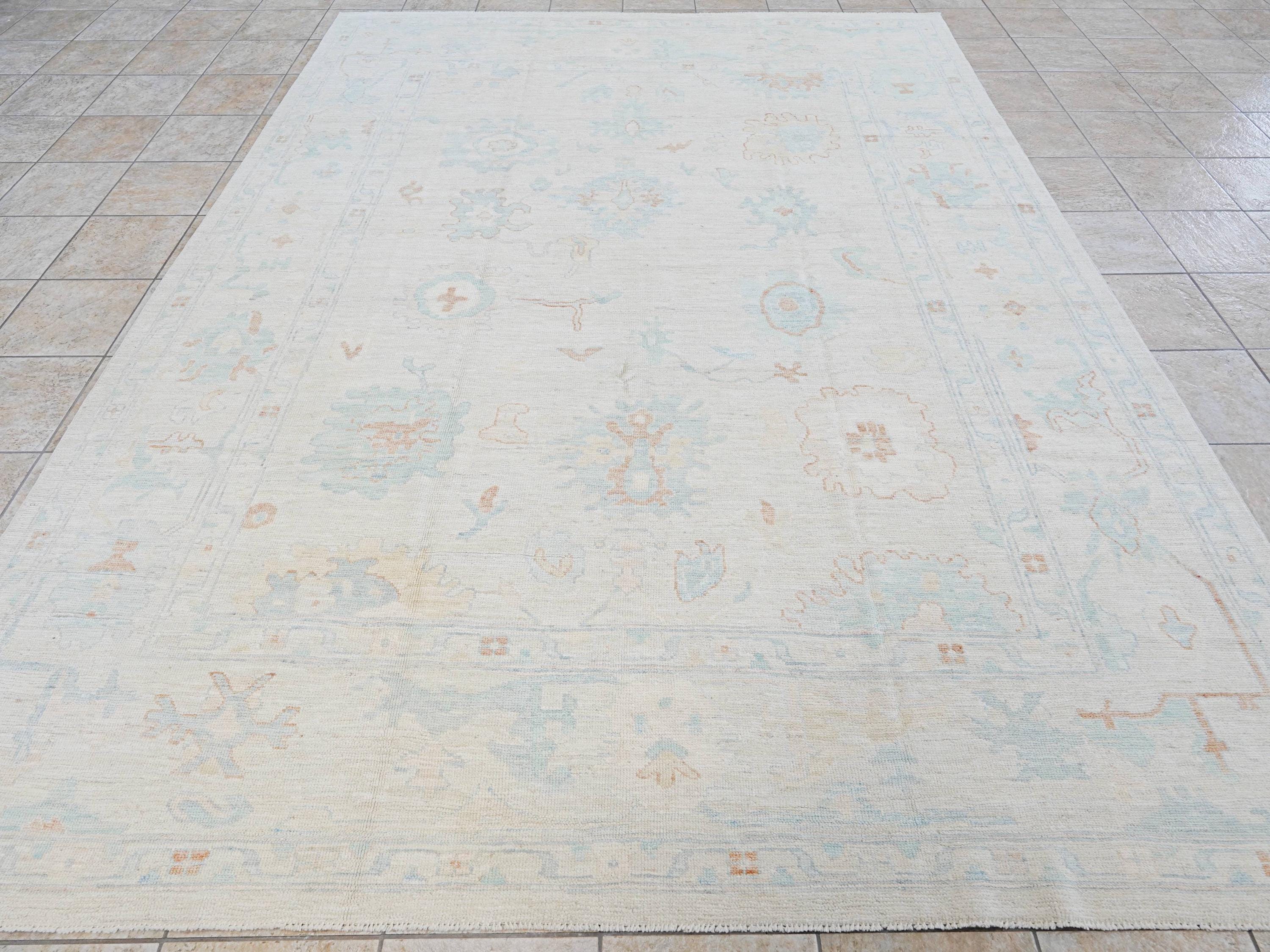 9x12 Ft Pastel Oushak Rug - Blue Handmade Area Rug - Floral Design