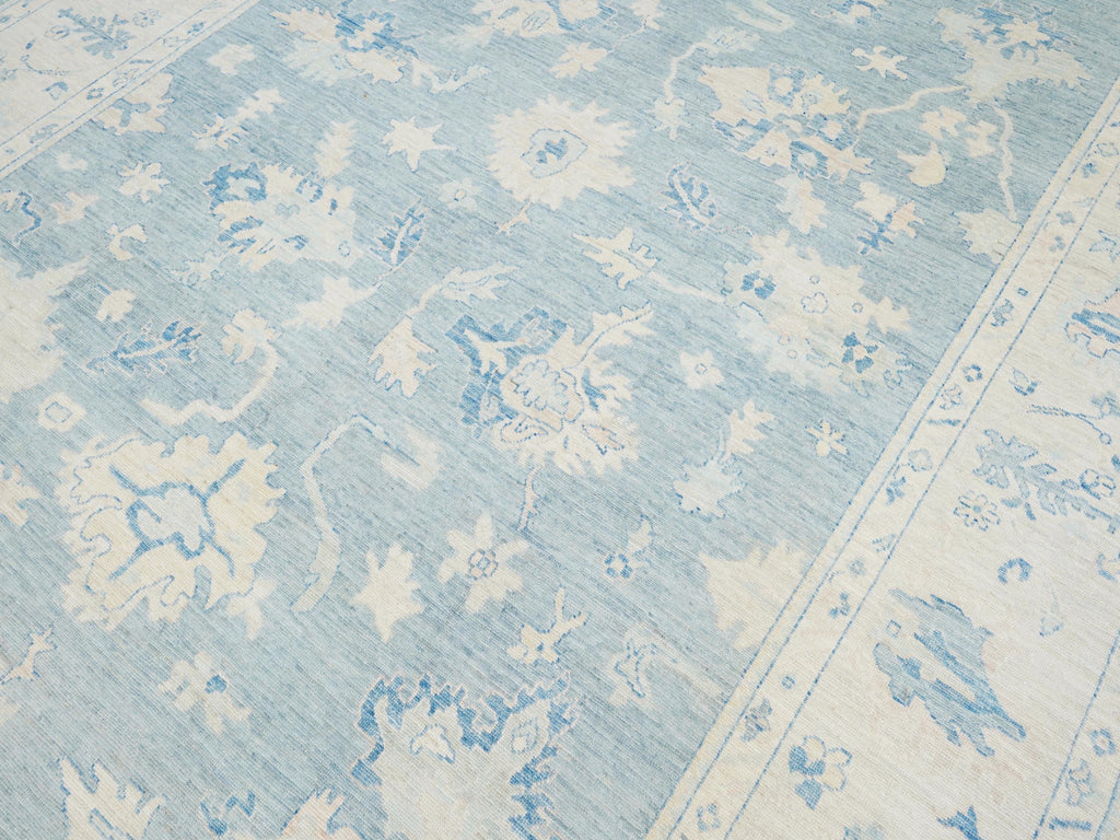 10x14 Ft Muted Blue Ushak Rug - Hand Knotted Wool Area Rug -  Floral Design