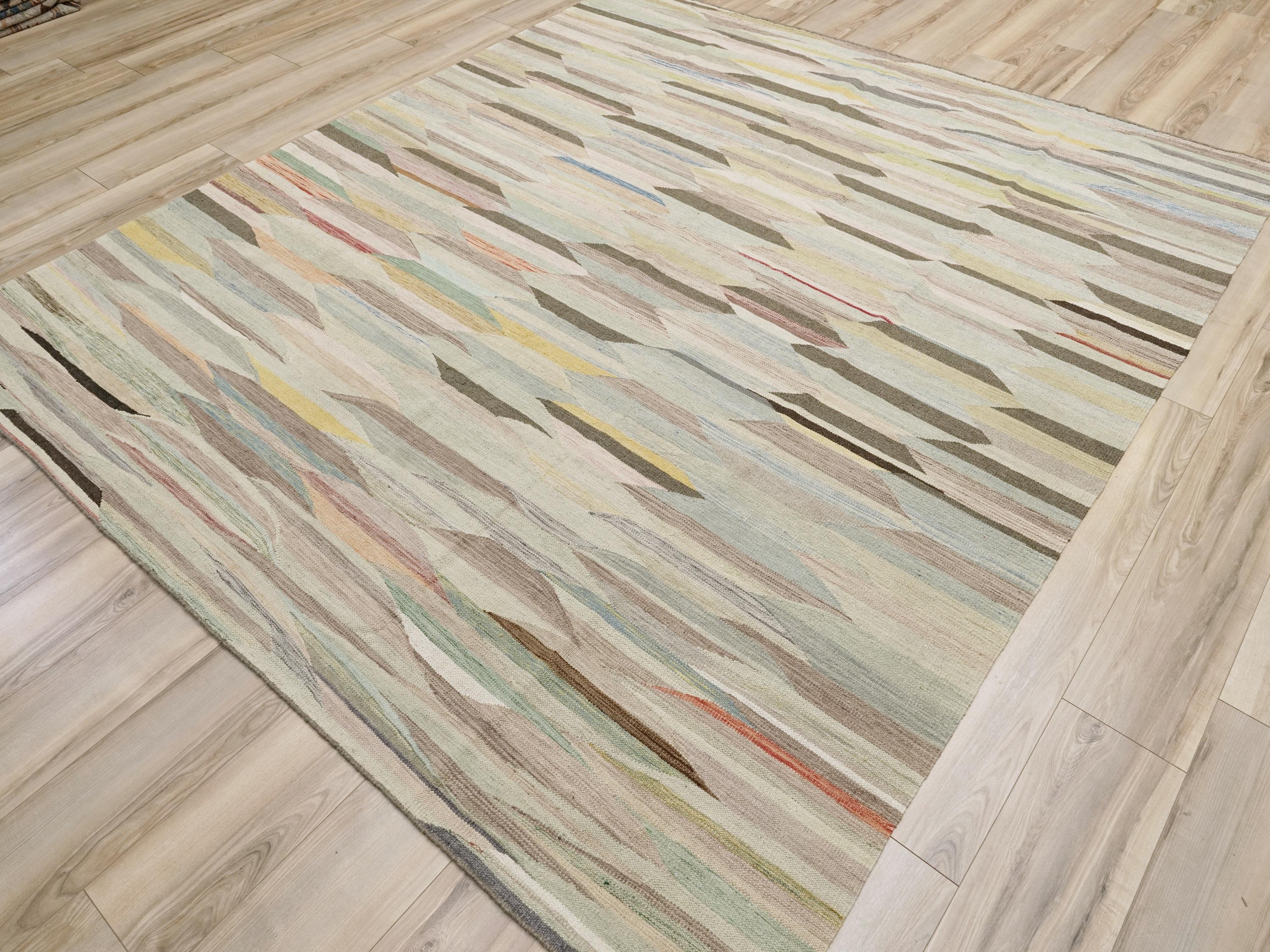 8x10 Ft Green Kilim Rug - Flat Weave Area Rug