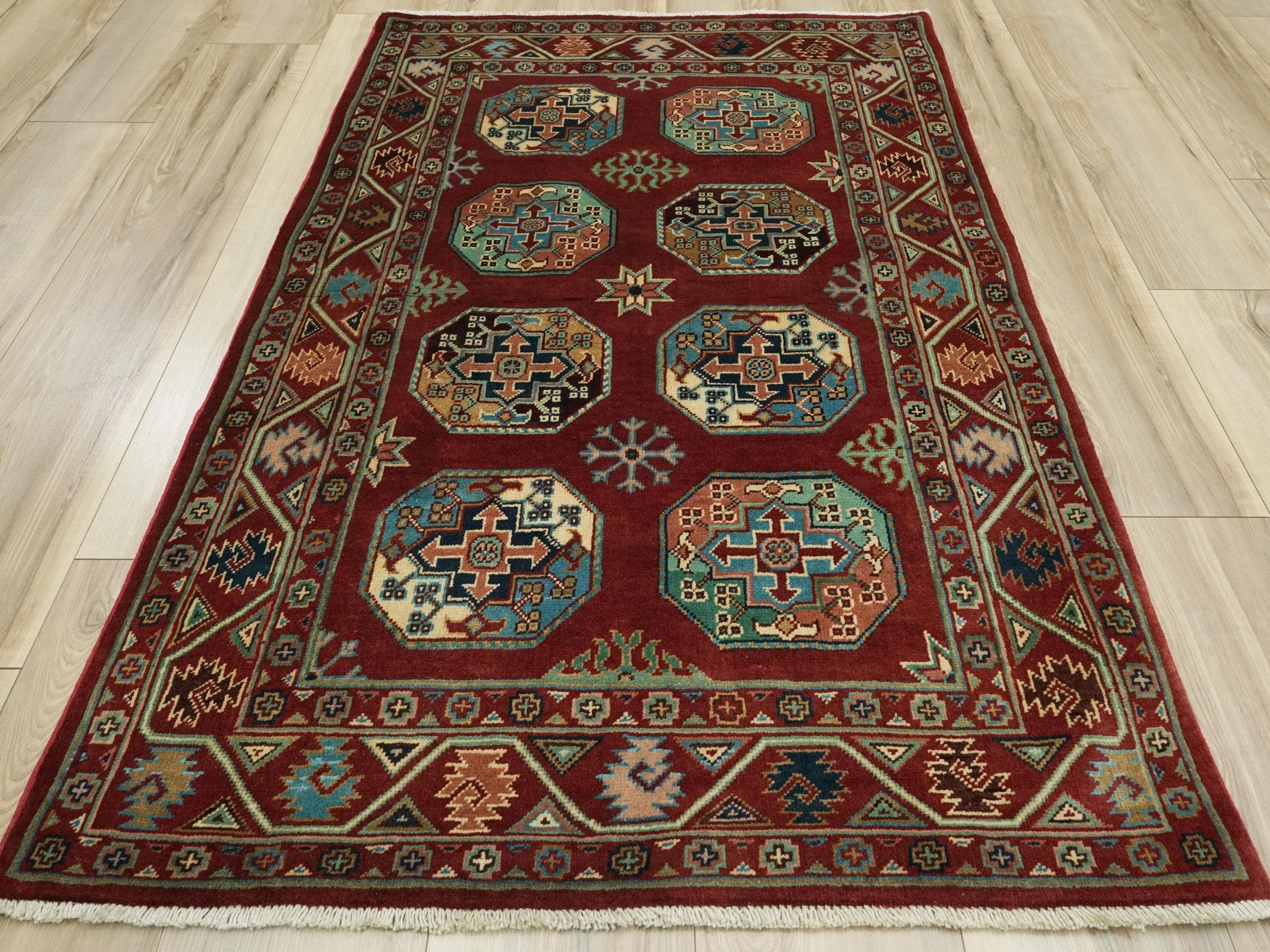 3x5 Ft Red Ersari Rug - Hand Knotted Oriental Wool Rug