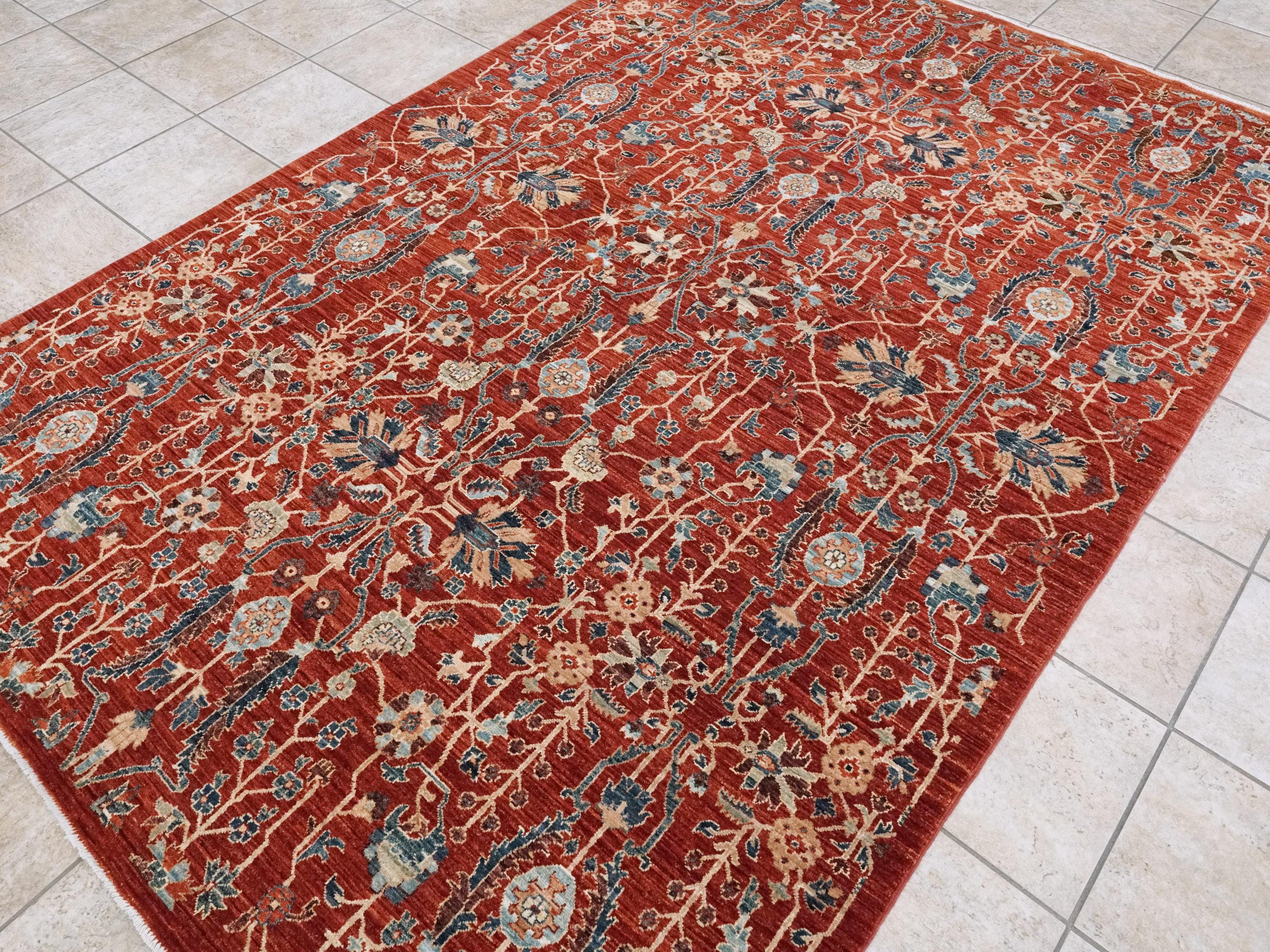 6x9 Ft Red Serapi Rug - Afghan Oriental Rug - Allover Floral Design