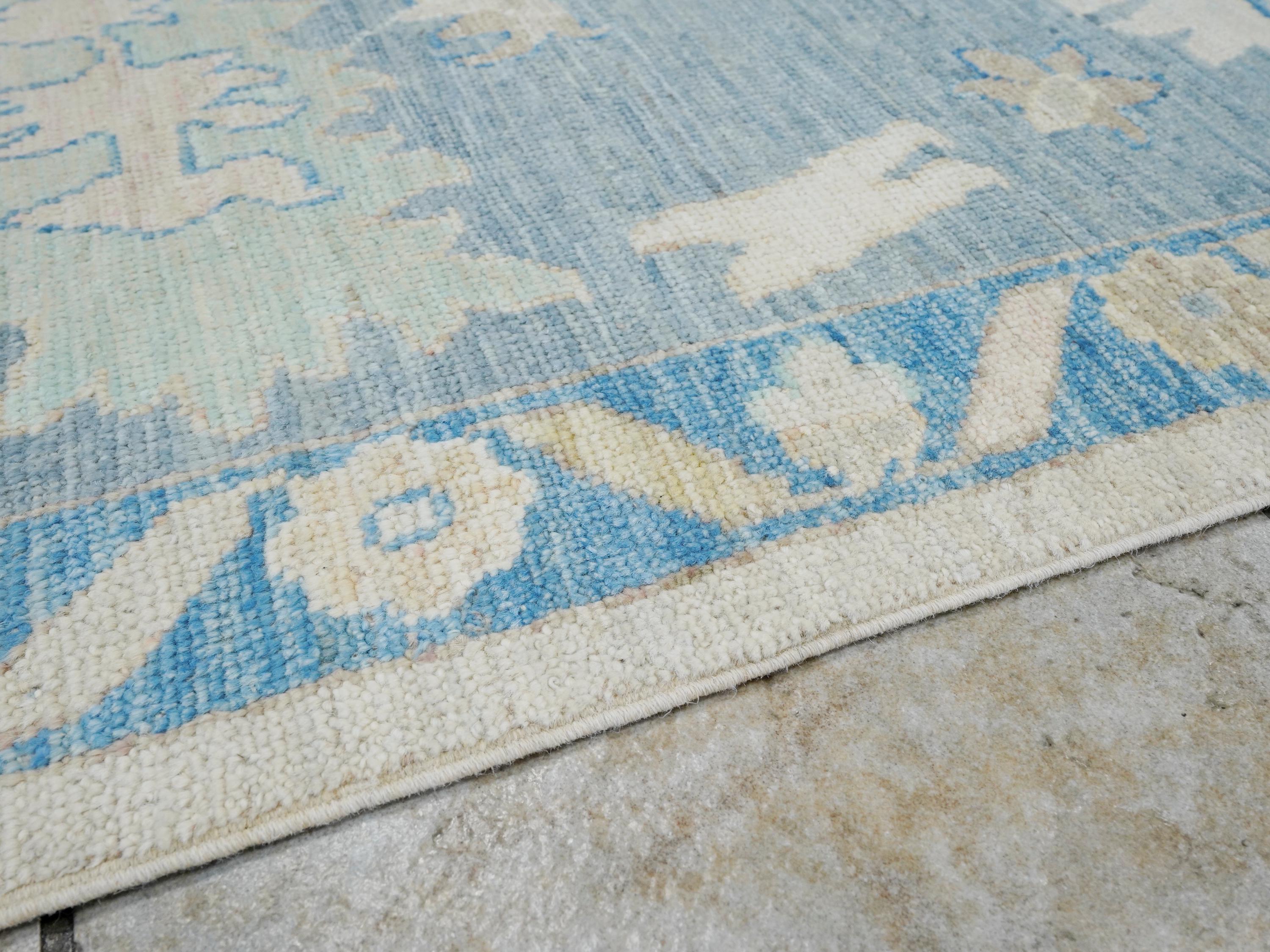 10x14 Ft Muted Blue & Orange Oushak Rug - Hand Knotted Afghan Rug - Turkish Floral Design