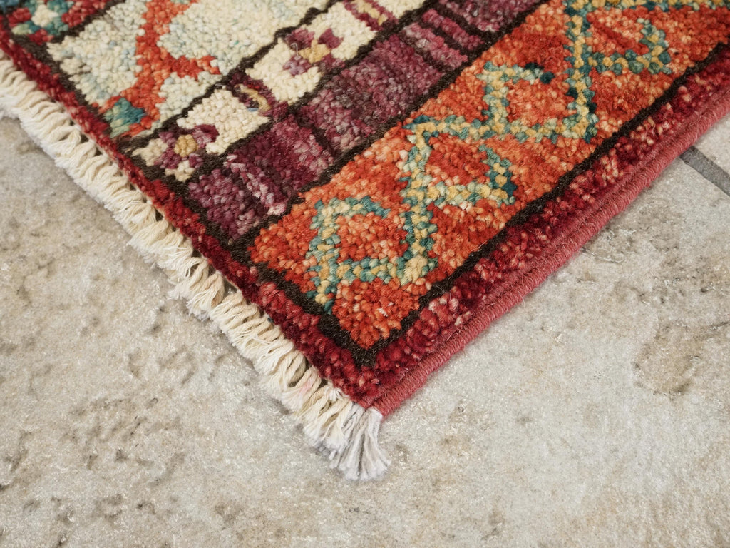 1x2 Ft Red Heriz Rug - Hand Knotted Ghazni Wool Oriental Doormat