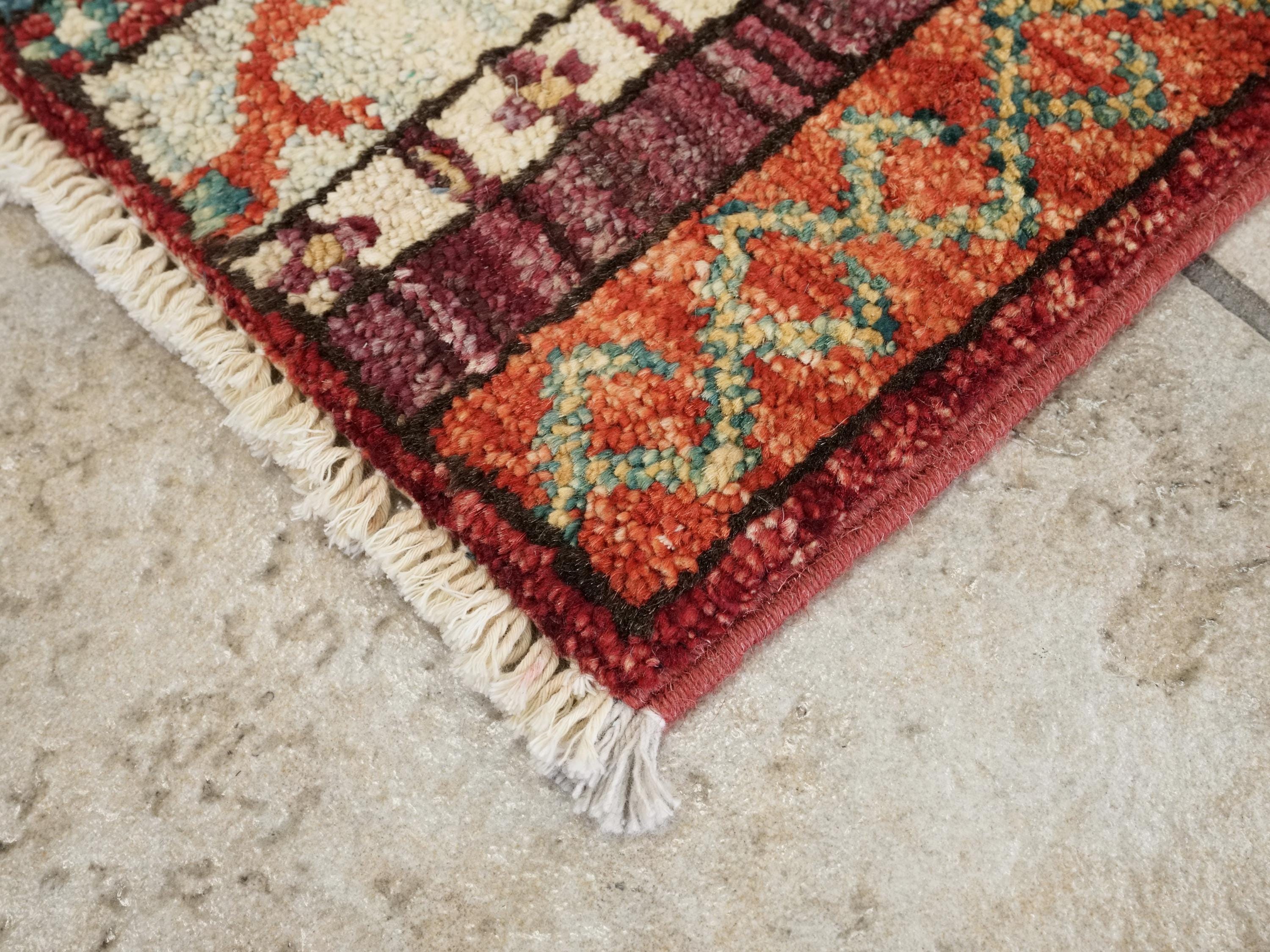 1x2 Ft Red Heriz Rug - Hand Knotted Ghazni Wool Oriental Doormat