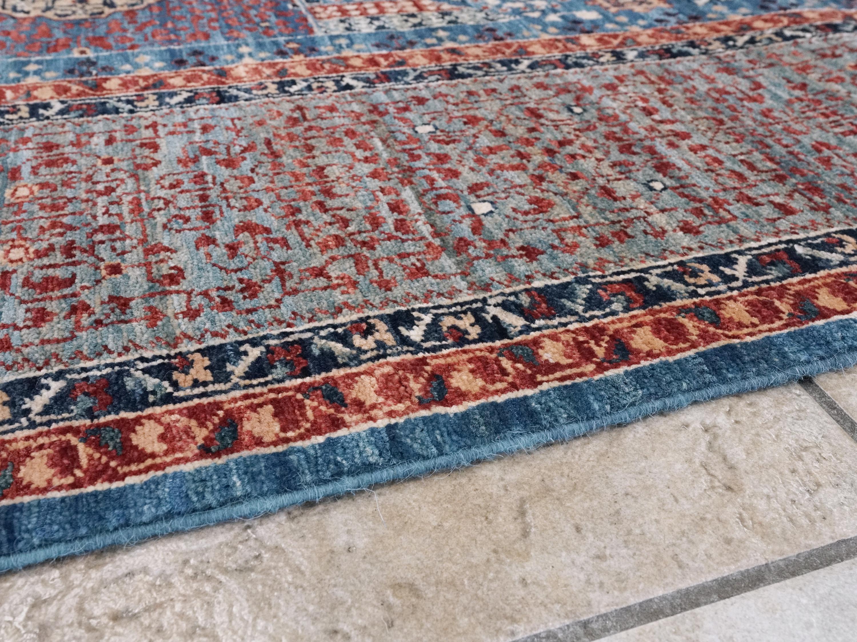 6x9 Ft Blue Mamluk Rug - Hand Knotted Afghan Wool Rug - Geometric Design