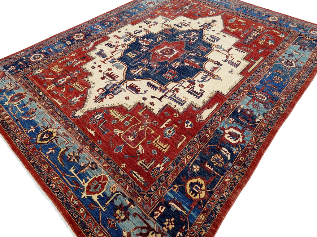 9x12 Ft Red & Blue Serapi Rug - Hand Knotted Antique Rug - Persian Design