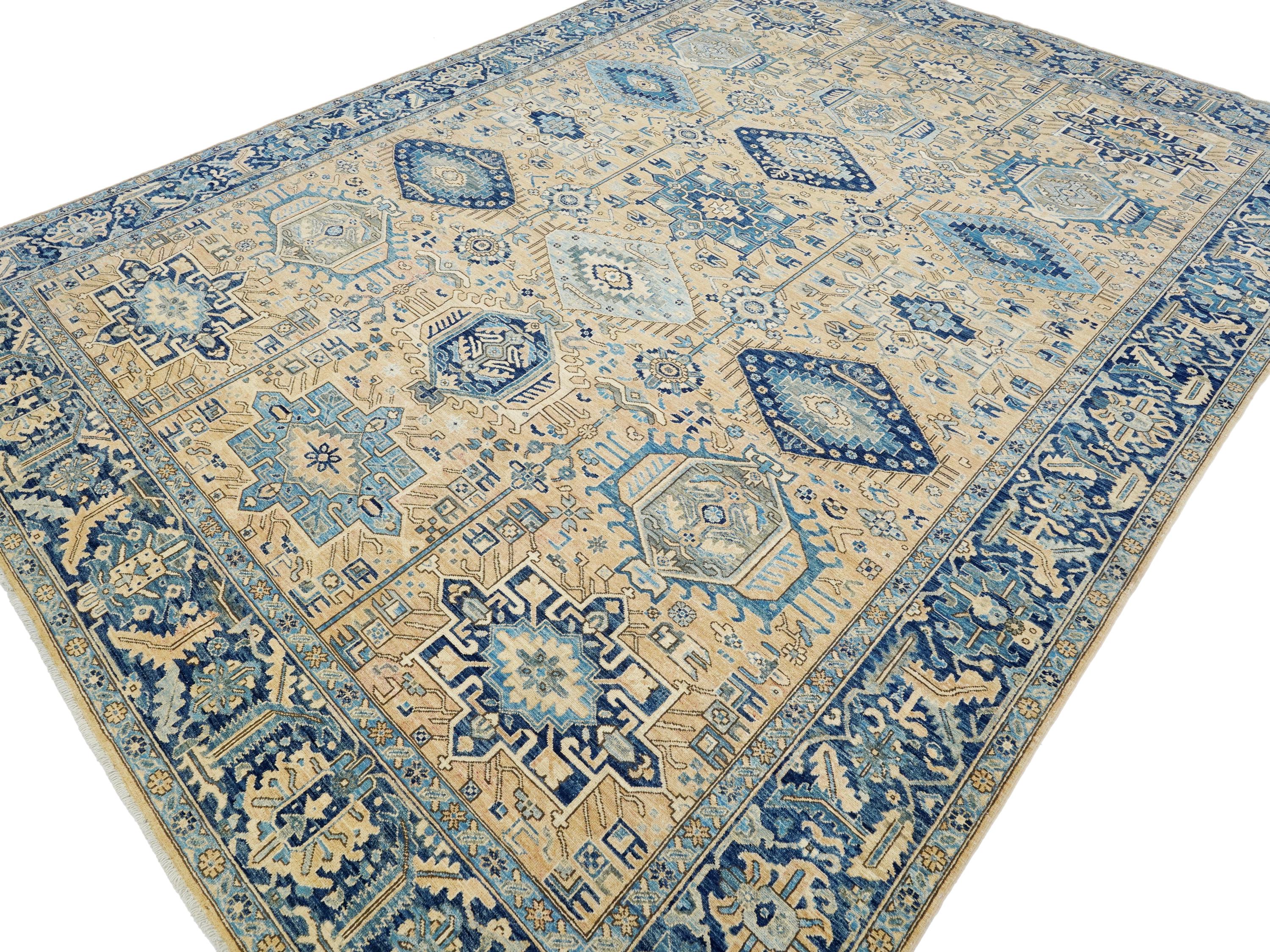 10x14 Ft Beige & Blue Heriz Rug - Hand Knotted Antique Rug