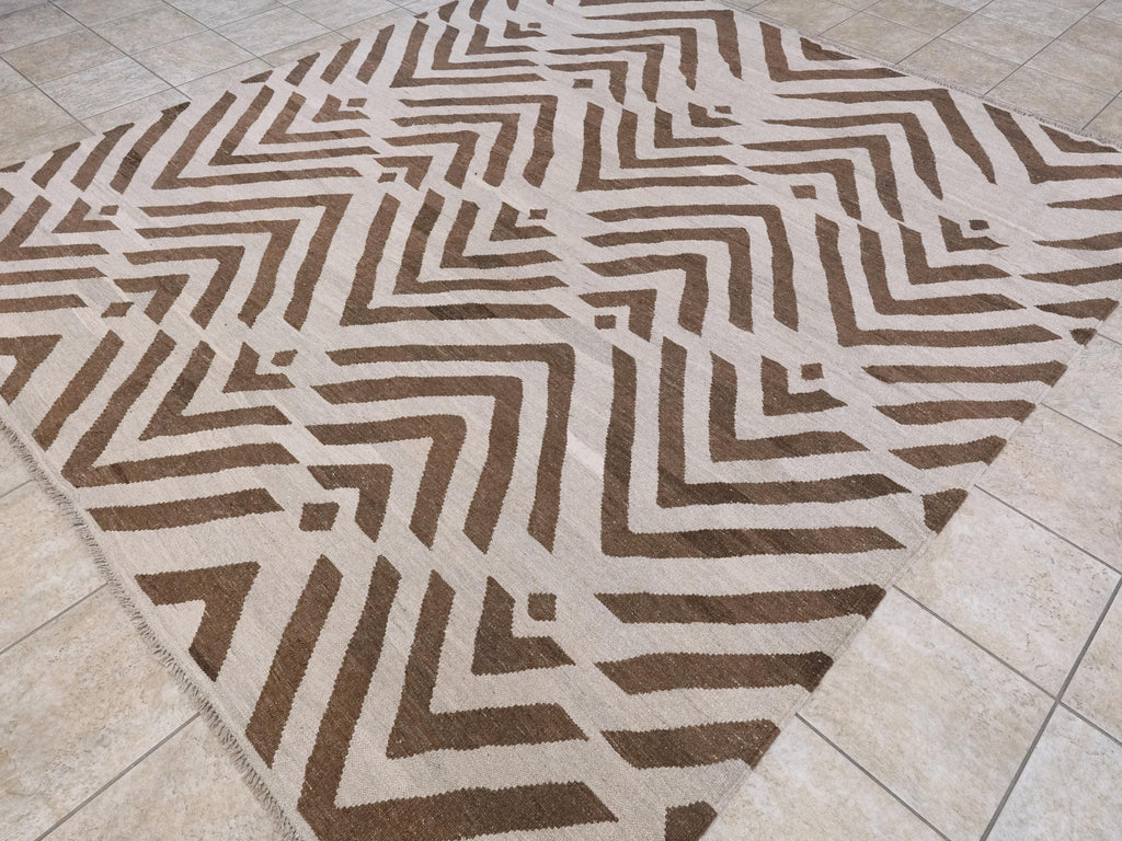 9x10 Ft Brown & Beige Kilim Rug - Flat Weave Area Rug - Abstract Design