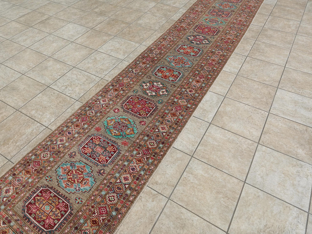 13 Ft Brown Kazak Runner Rug - Handmade Afghan Hallway Rug