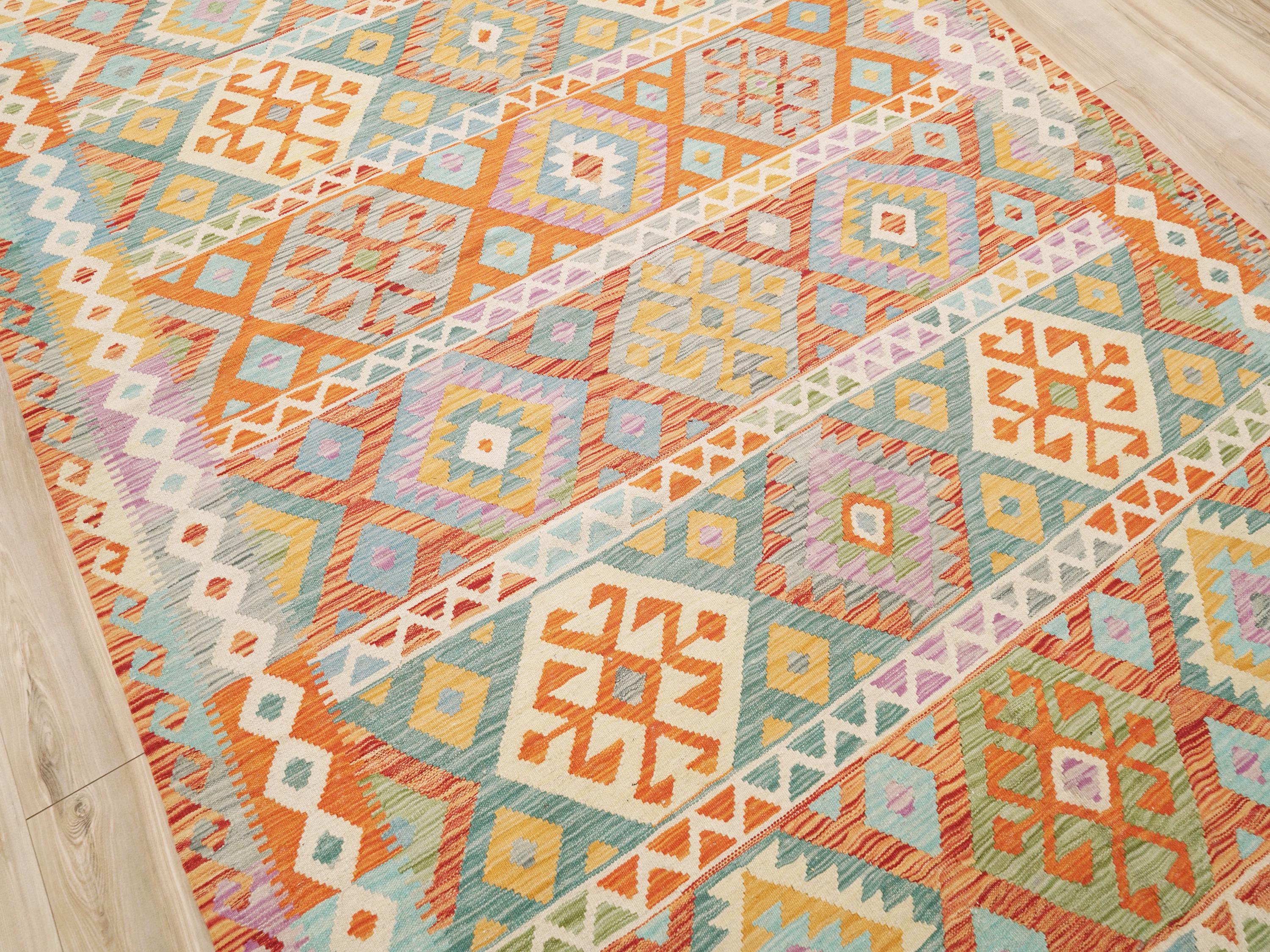 7x10 Ft Maimana Kilim Rug - Red & Green Flat Weave Afghan Rug