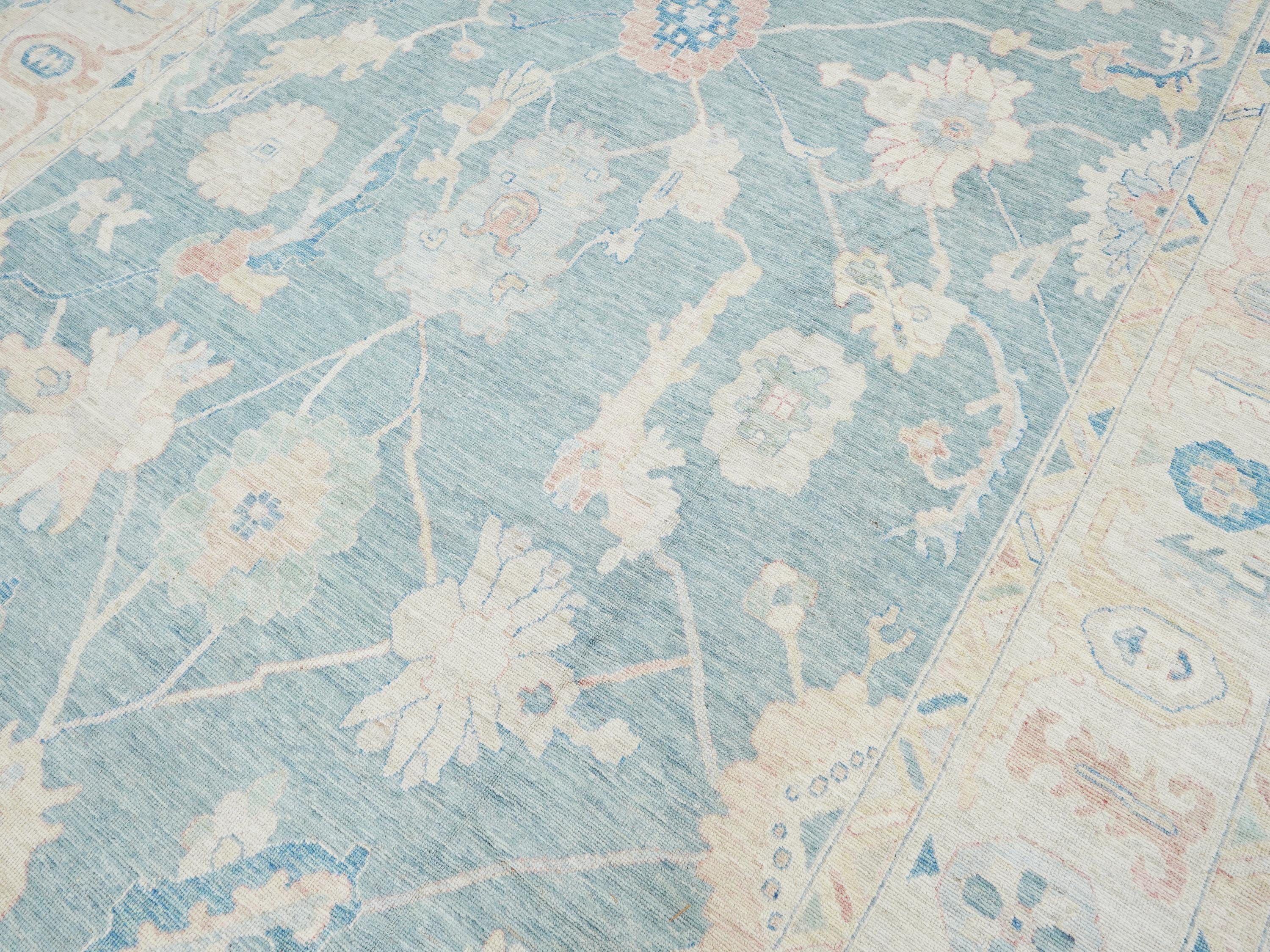 10x14 Ft Light Blue Ushak Rug - Hand Knotted Wool Area Rug