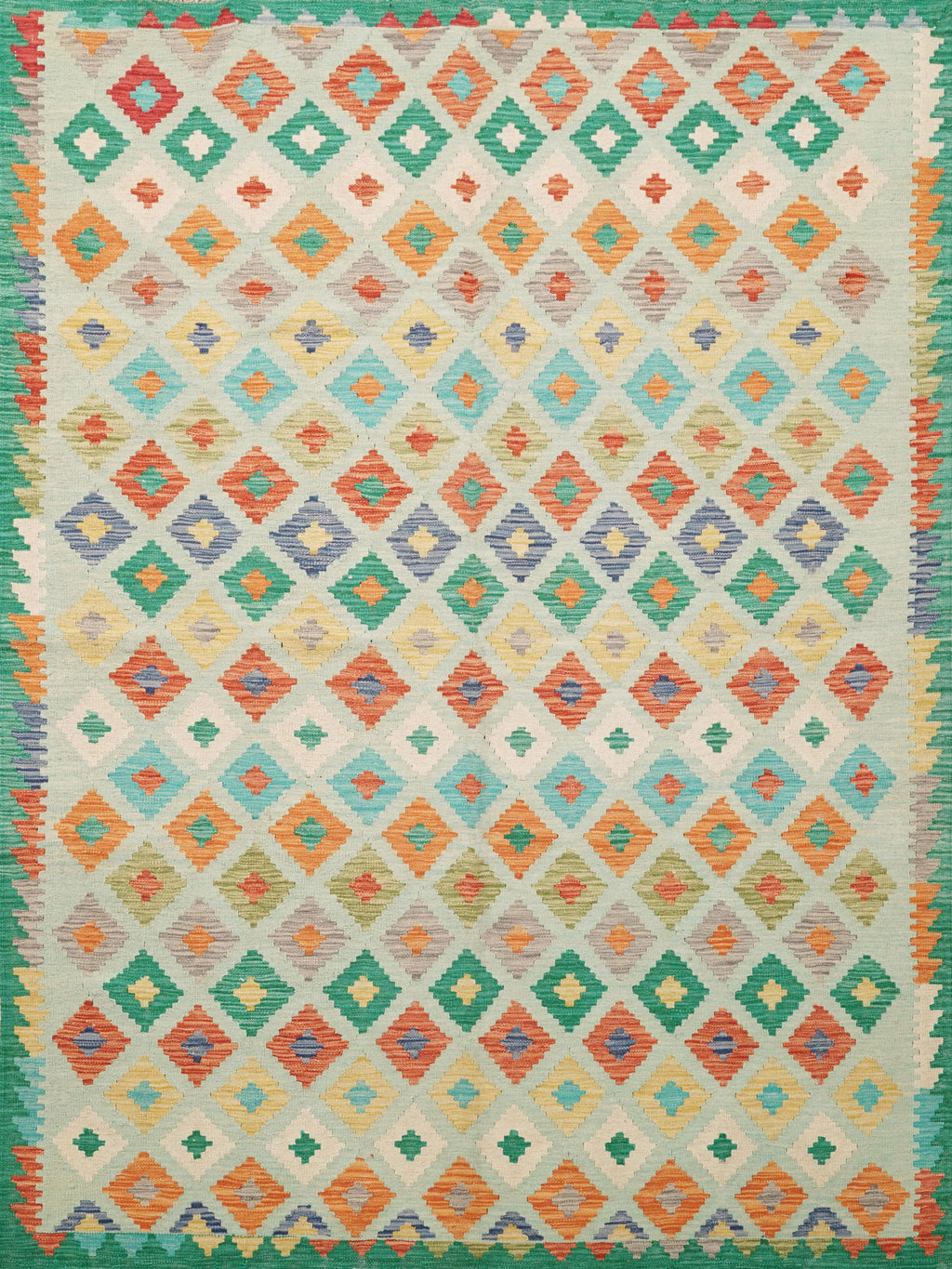 6x8 Ft Green Kilim Rug - Traditional Wool Flat Weave - Geometric Design