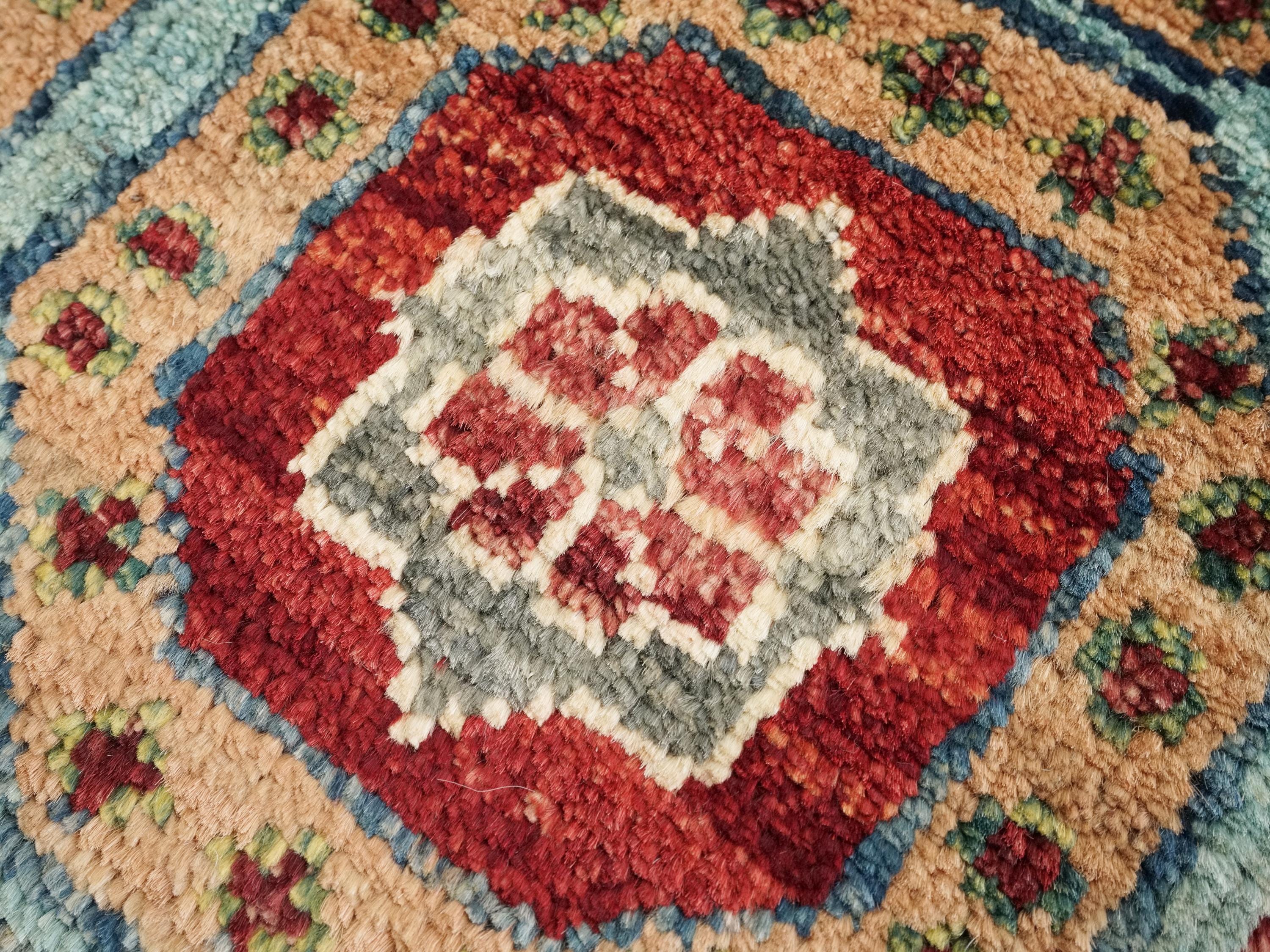 1x2 Ft Hand Knotted Cyan Mamluk Rug: Ghazni Wool Oriental Accent Rug