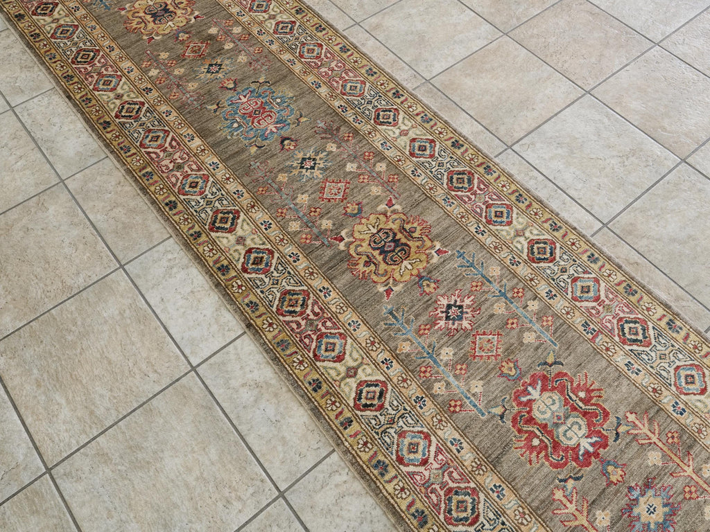 13 Ft Brown Kazak Runner Rug - Hand Knotted Wool Hallway Rug
